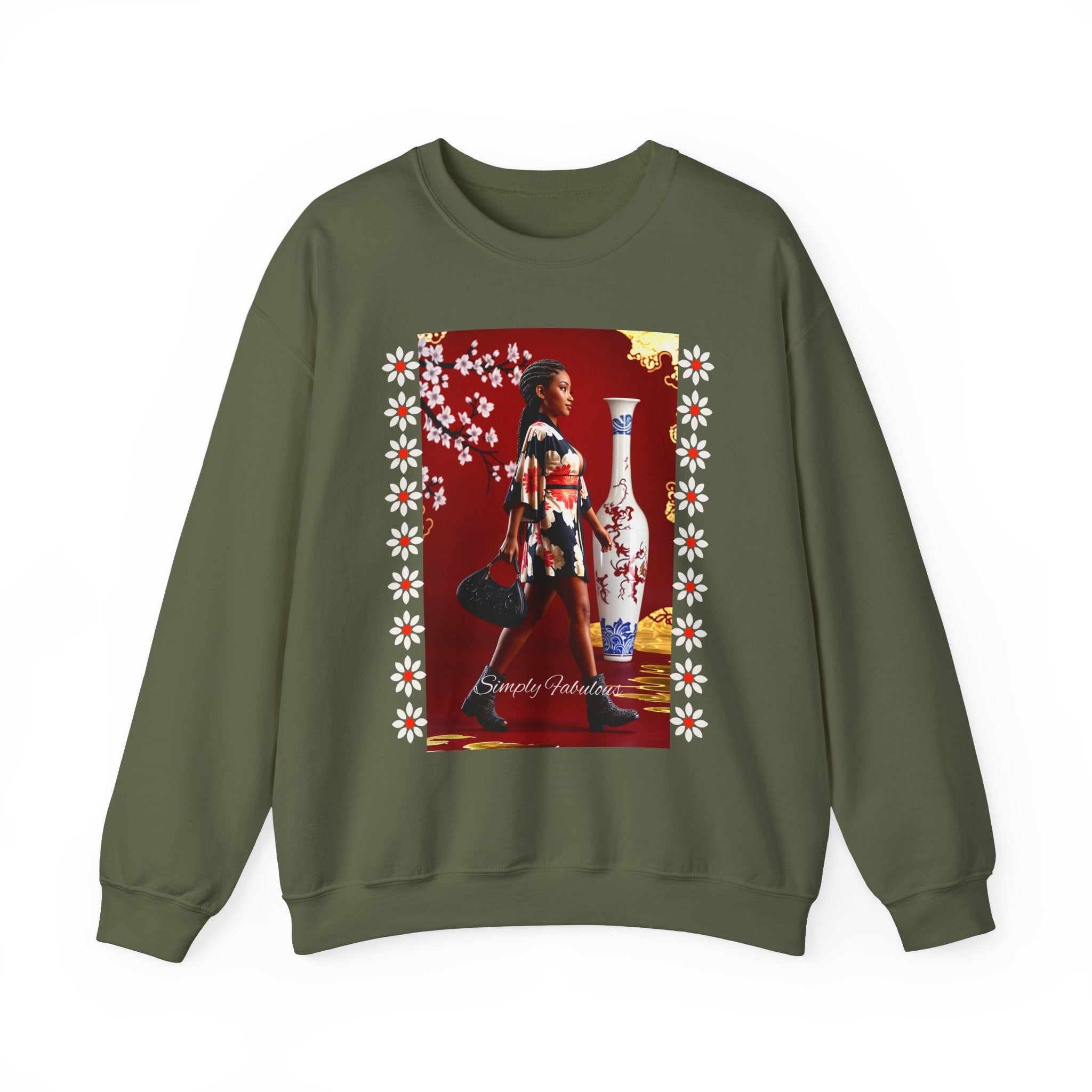 Elegant Asian-Inspired Graphic Crewneck Sweatshirt - Angel Body