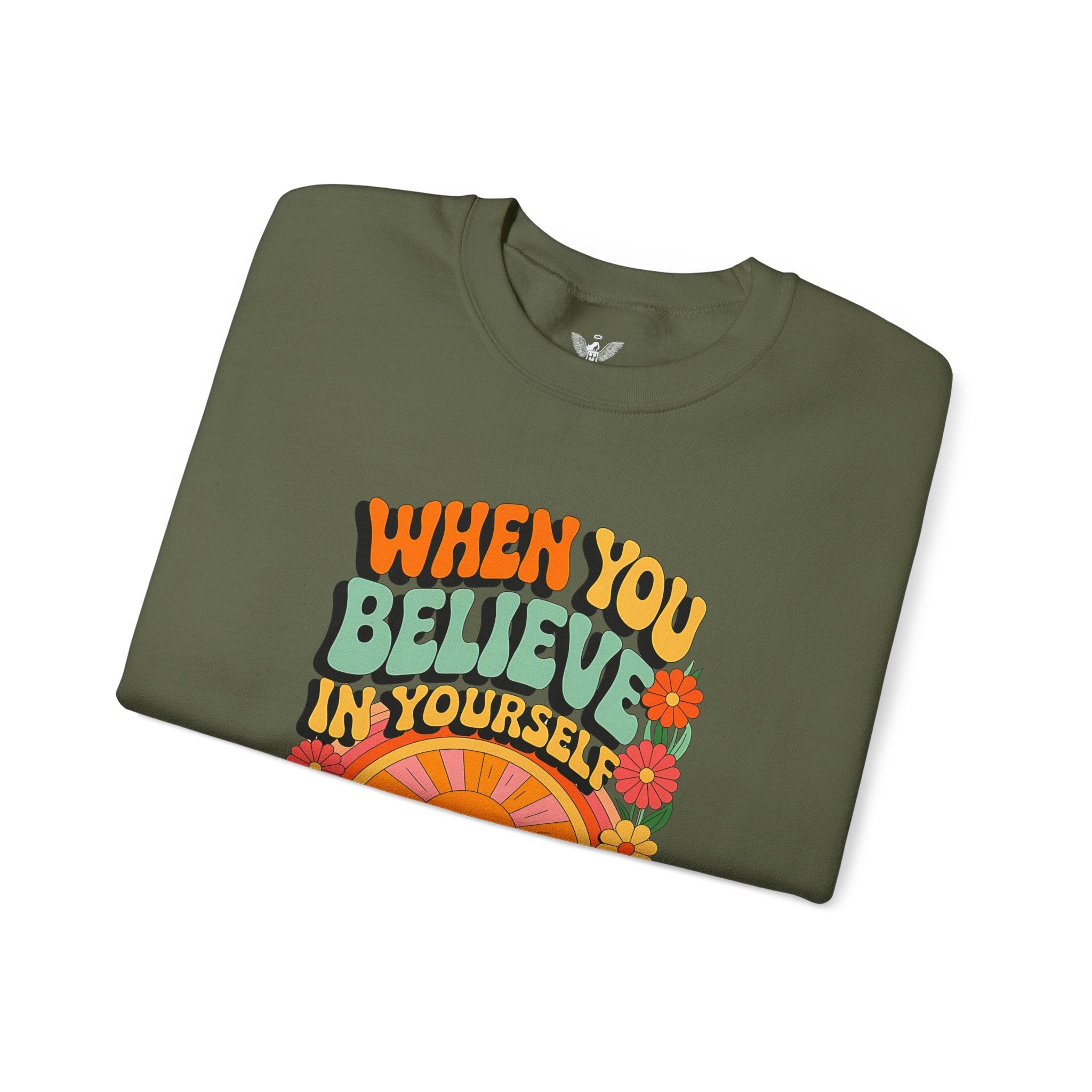 Inspirational Crewneck Sweatshirt - "Believe in Yourself" - Unisex Heavy Blend™ - Angel Body