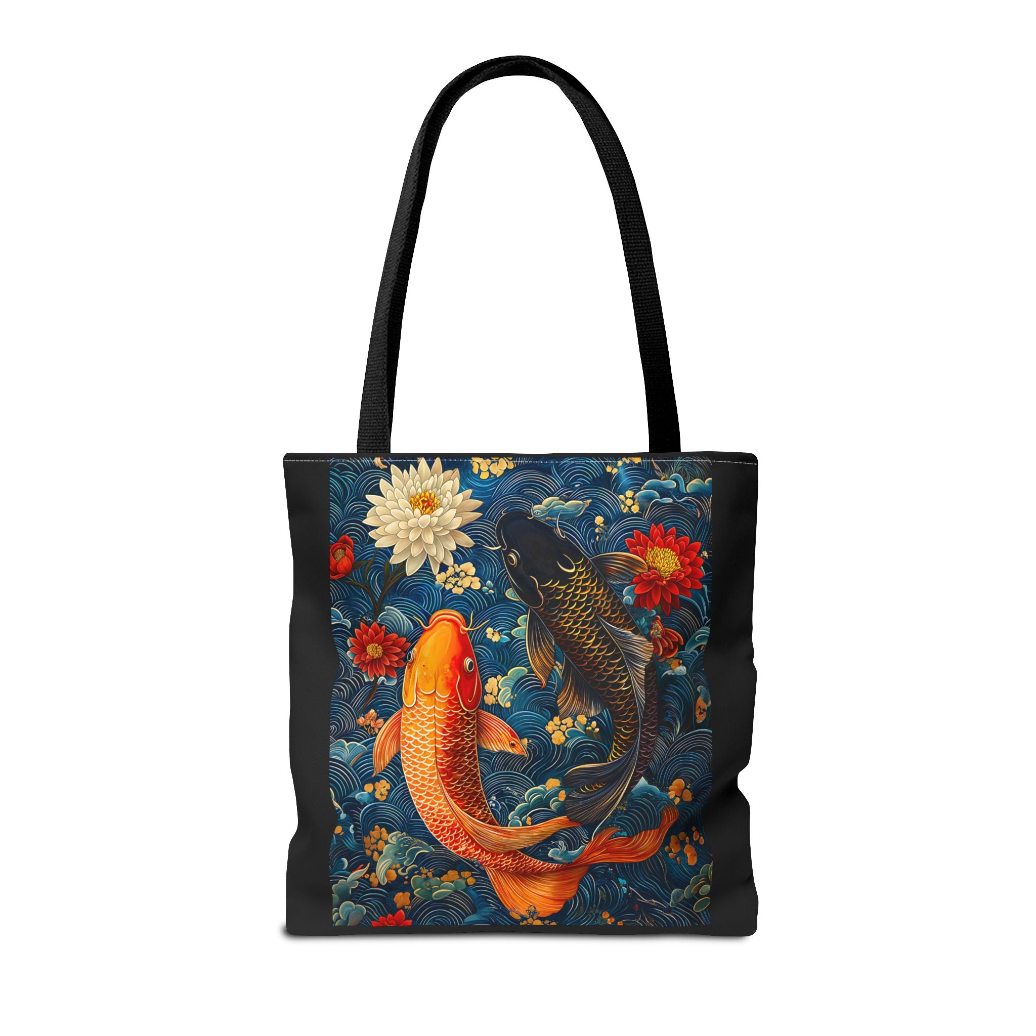 Elegant Koi Fish Tote Bag - Bright Blue Floral Design - Angel Body