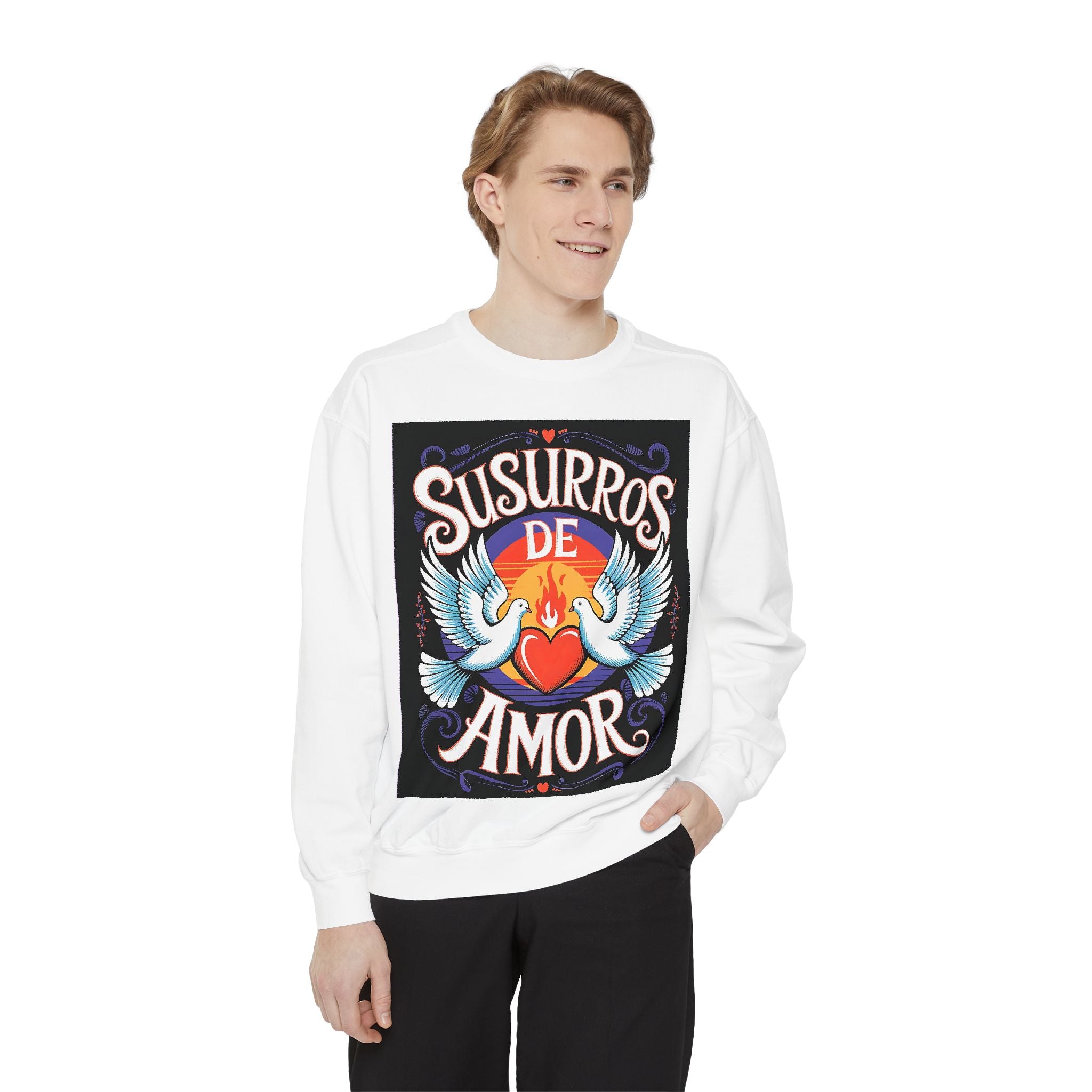 Unisex Love-Themed Garment-Dyed Sweatshirt - 'Susurros de Amor' - Angel Body