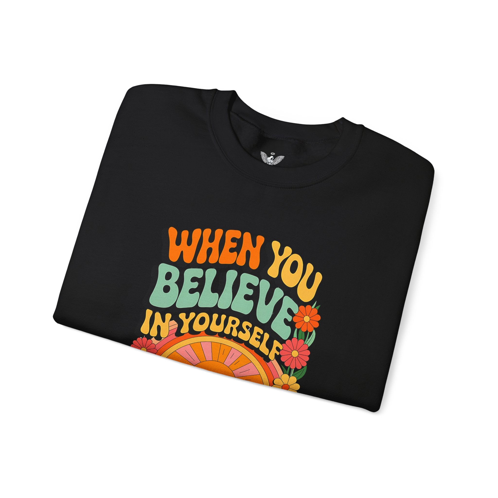 Inspirational Crewneck Sweatshirt - "Believe in Yourself" - Unisex Heavy Blend™ - Angel Body