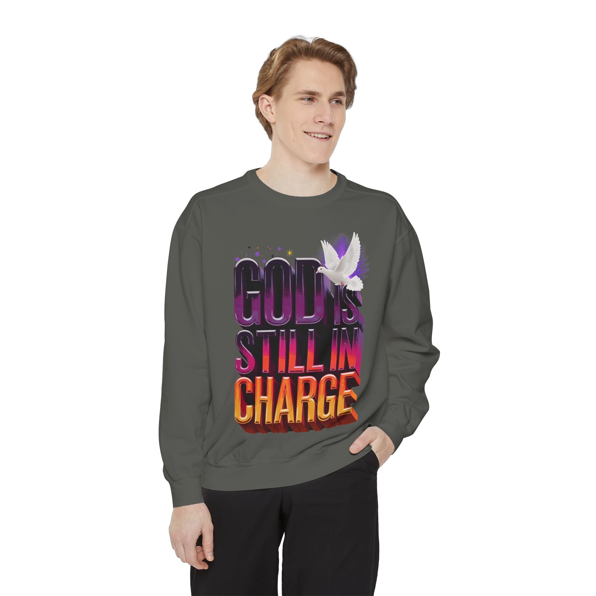 Unisex Garment-Dyed Sweatshirt - "God is Still in Charge" Inspirational Pullover - Angel Body