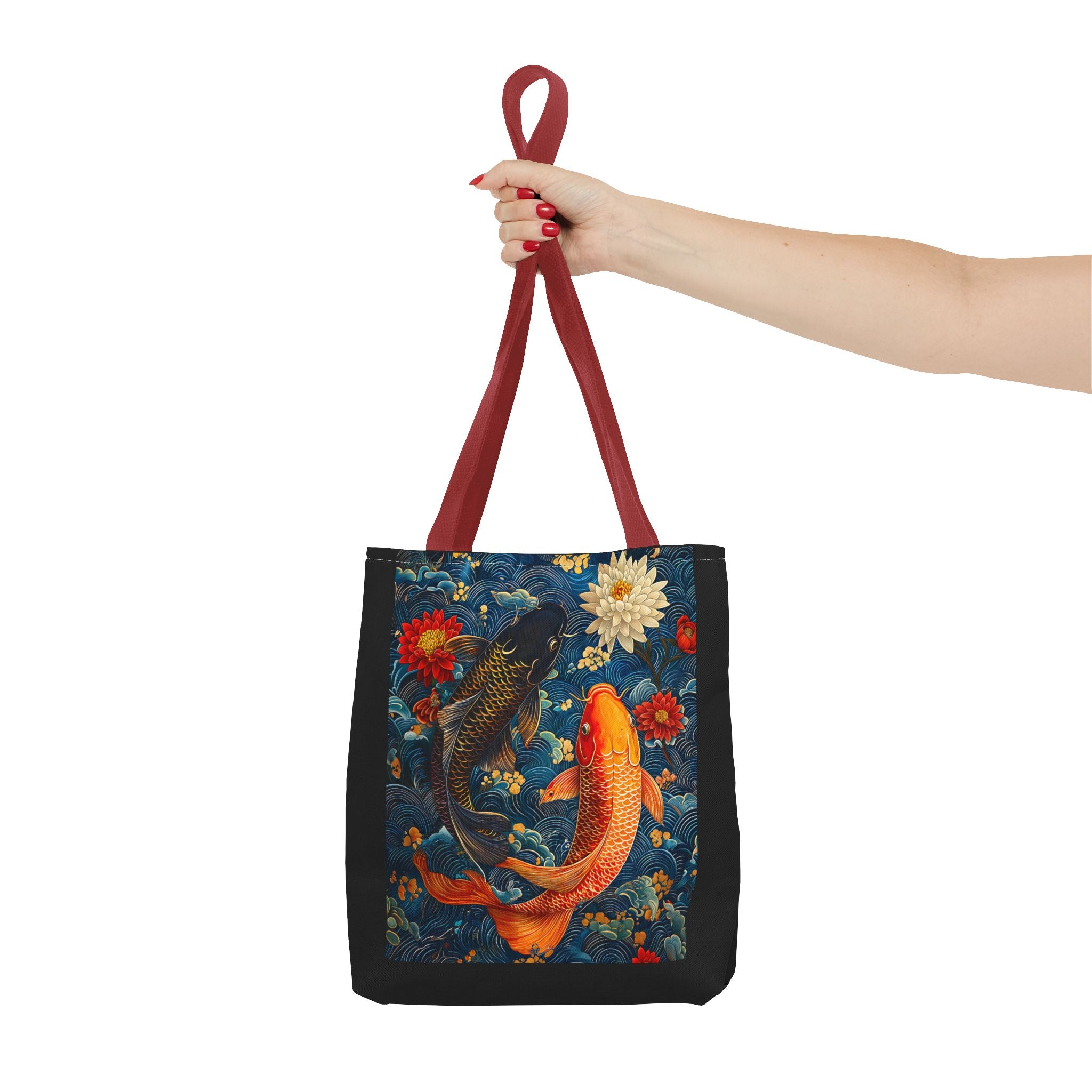 Elegant Koi Fish Tote Bag - Bright Blue Floral Design - Angel Body
