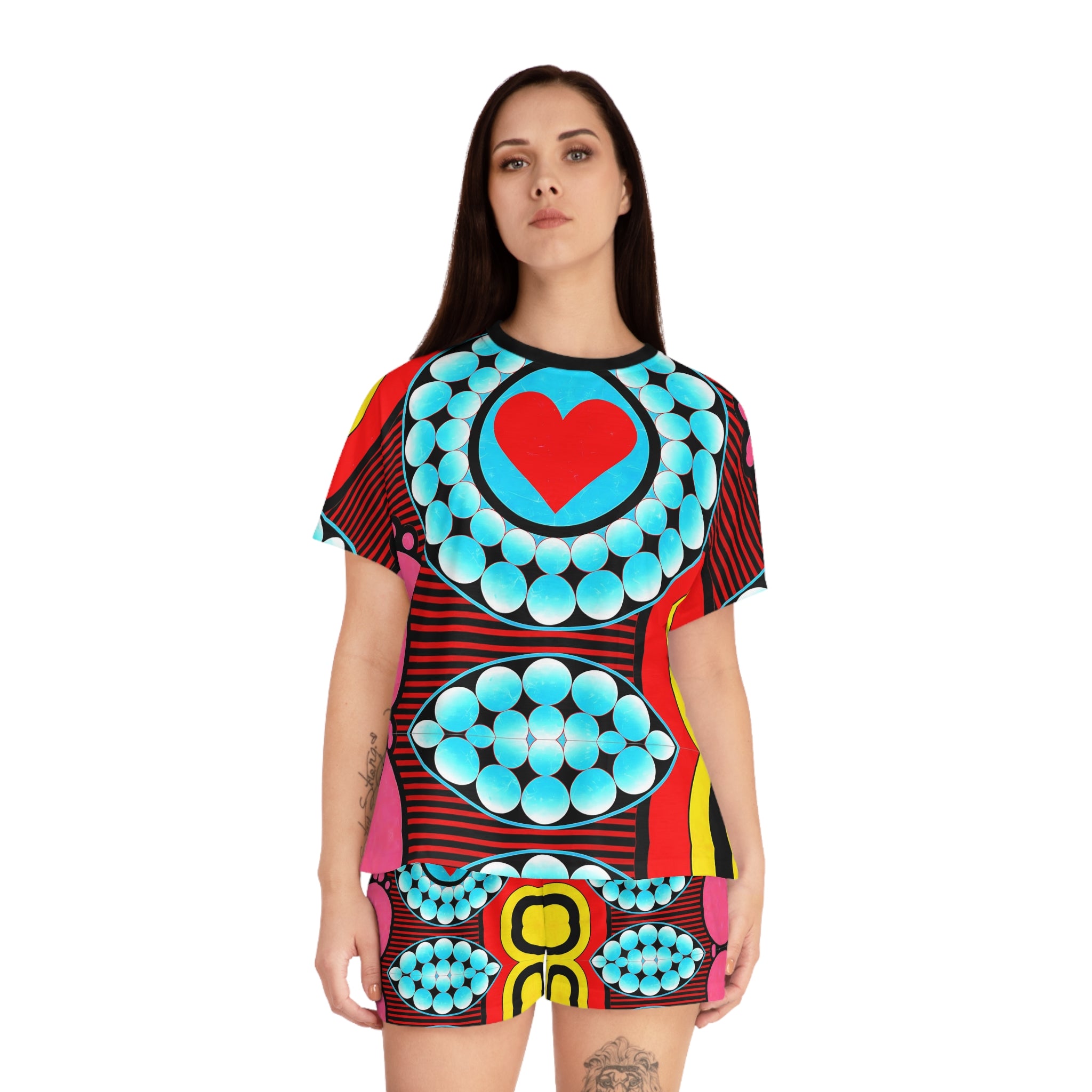 Colorful Heart Print Women's Short Pajama Set - Comfortable and Fun Sleepwear - Angel Body