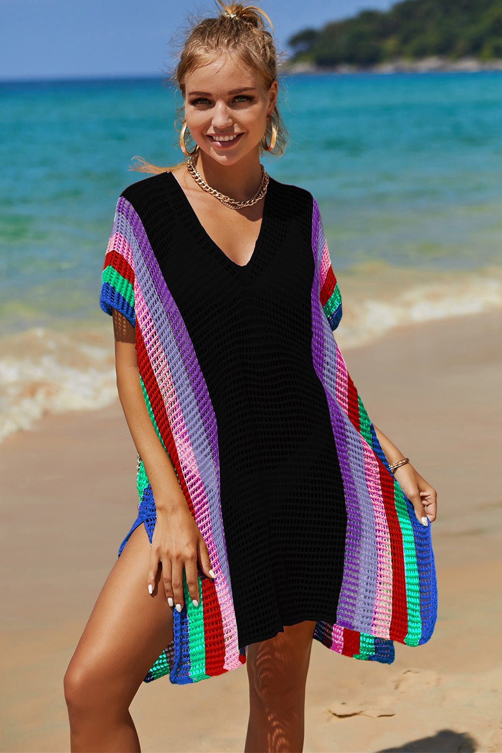 Double Take Openwork Striped Slit Knit Cover Up - Angel Body