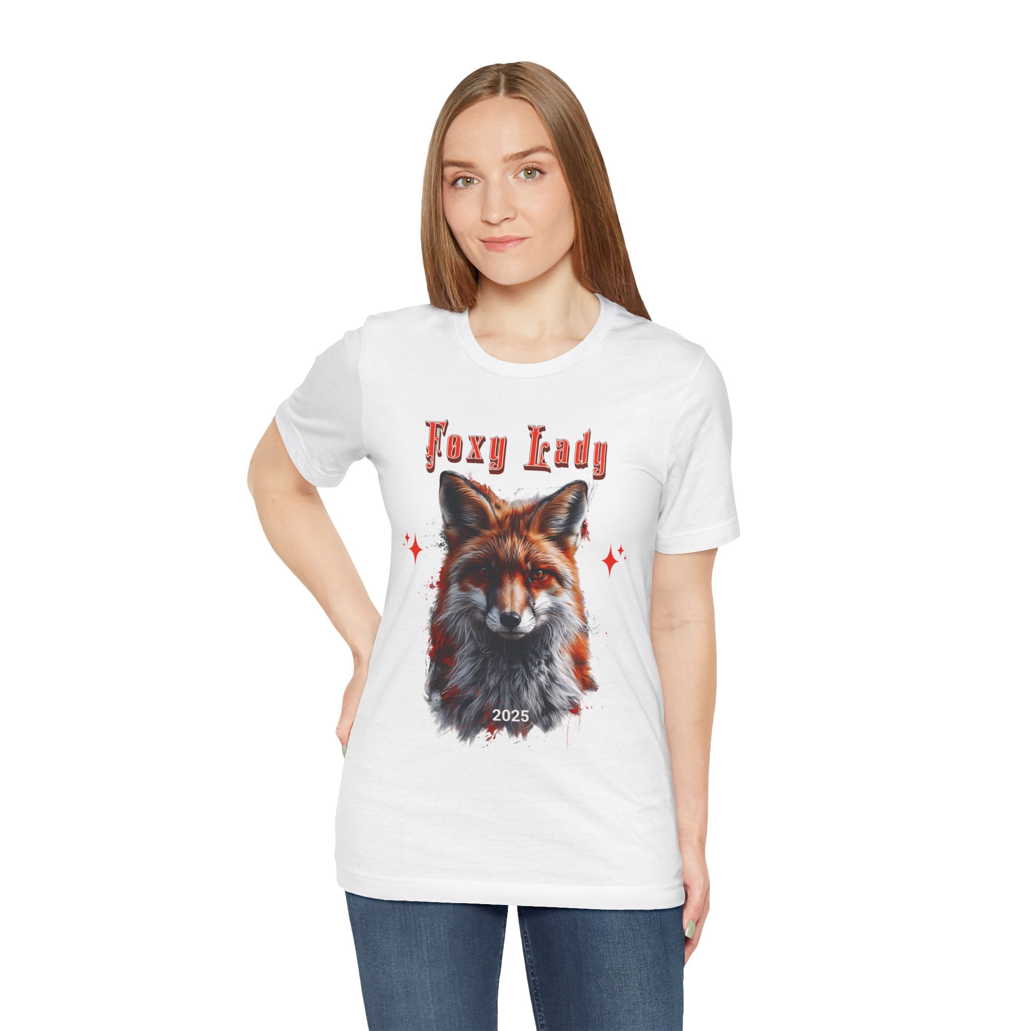 Unisex Jersey Short Sleeve Tee: A beautiful Red Fox with the words foxy lady - Angel Body
