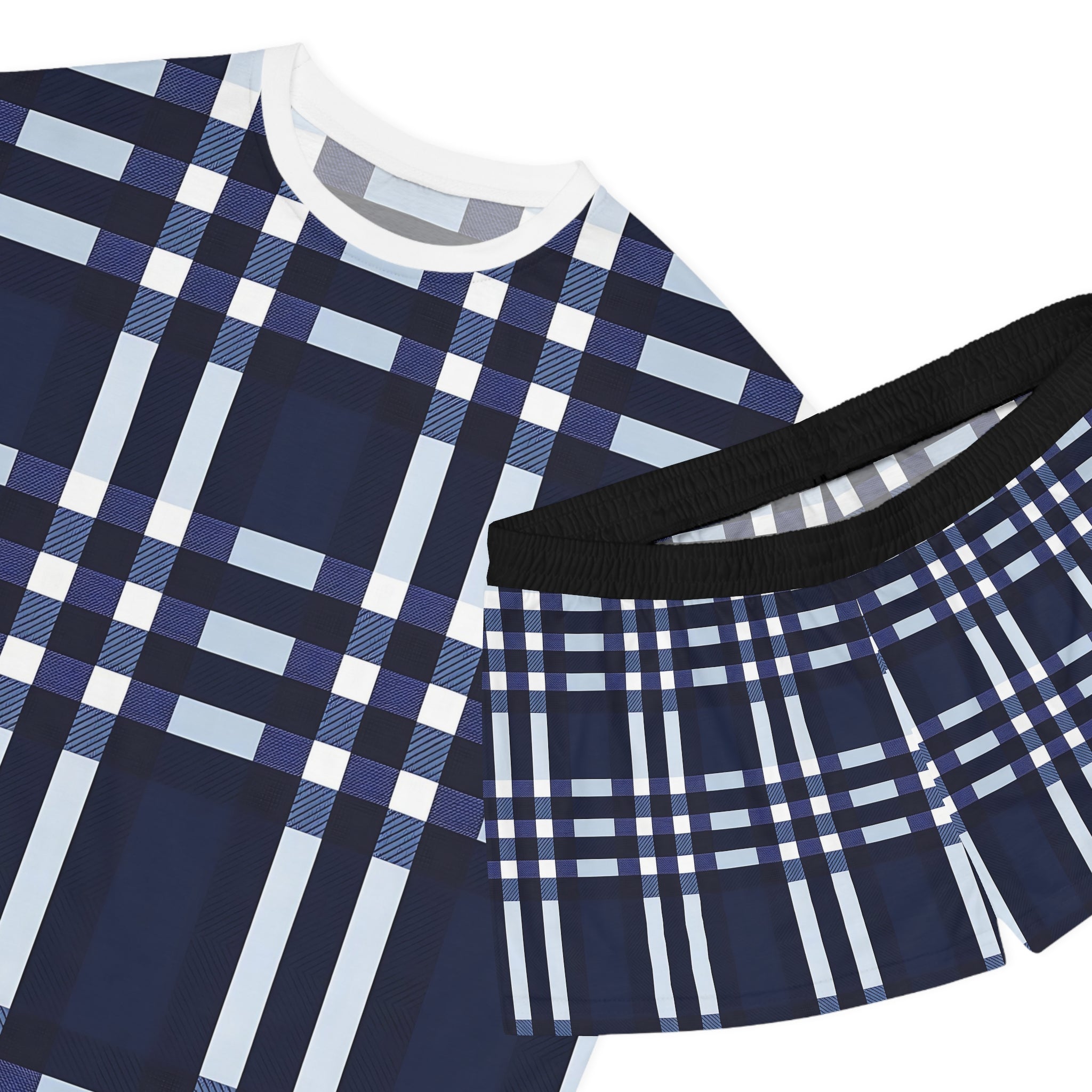 Cozy Women's Short Pajama Set - Navy Blue Plaid for Relaxing Nights - Angel Body