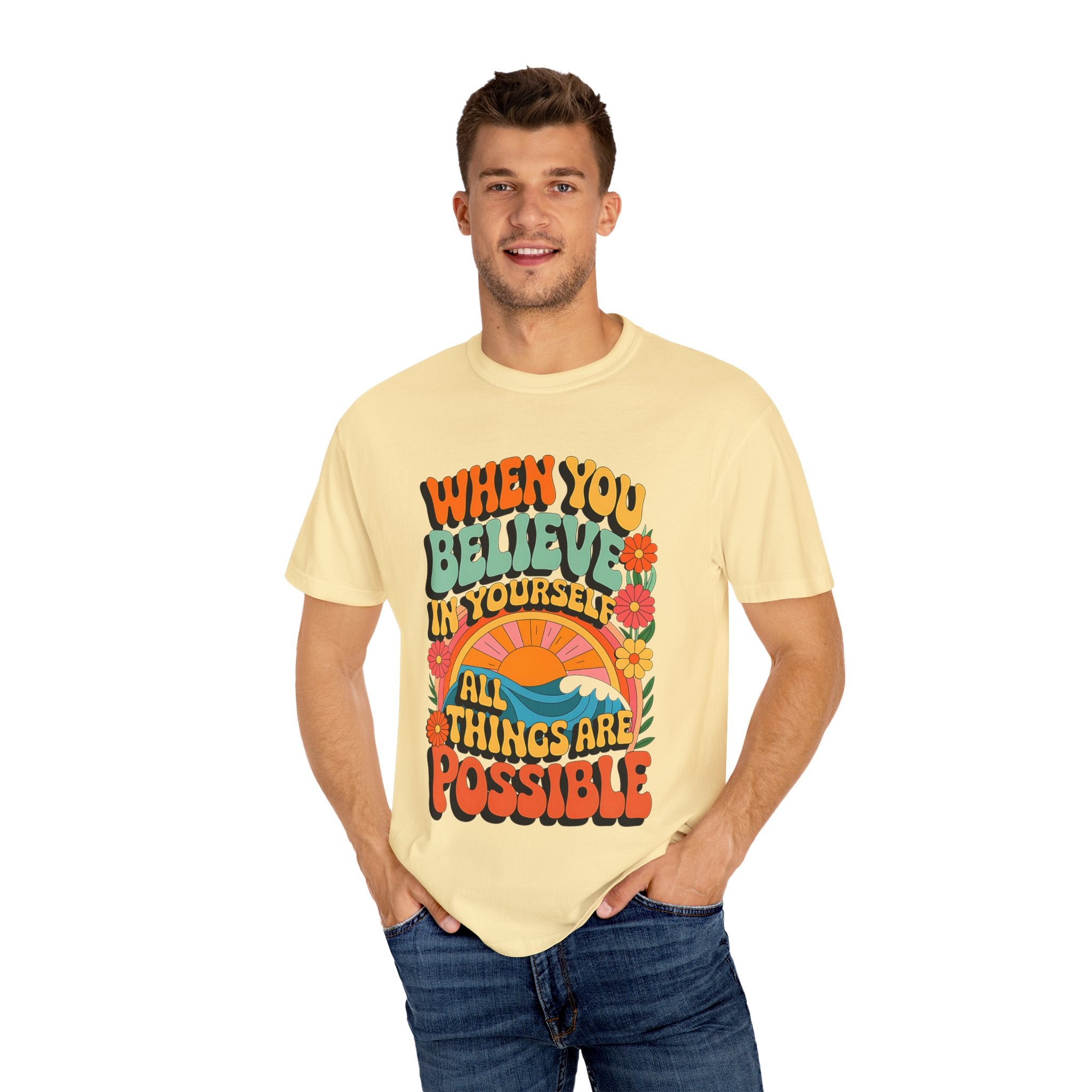 Motivational Unisex Garment-Dyed T-Shirt - 'Believe in Yourself' Design - Angel Body