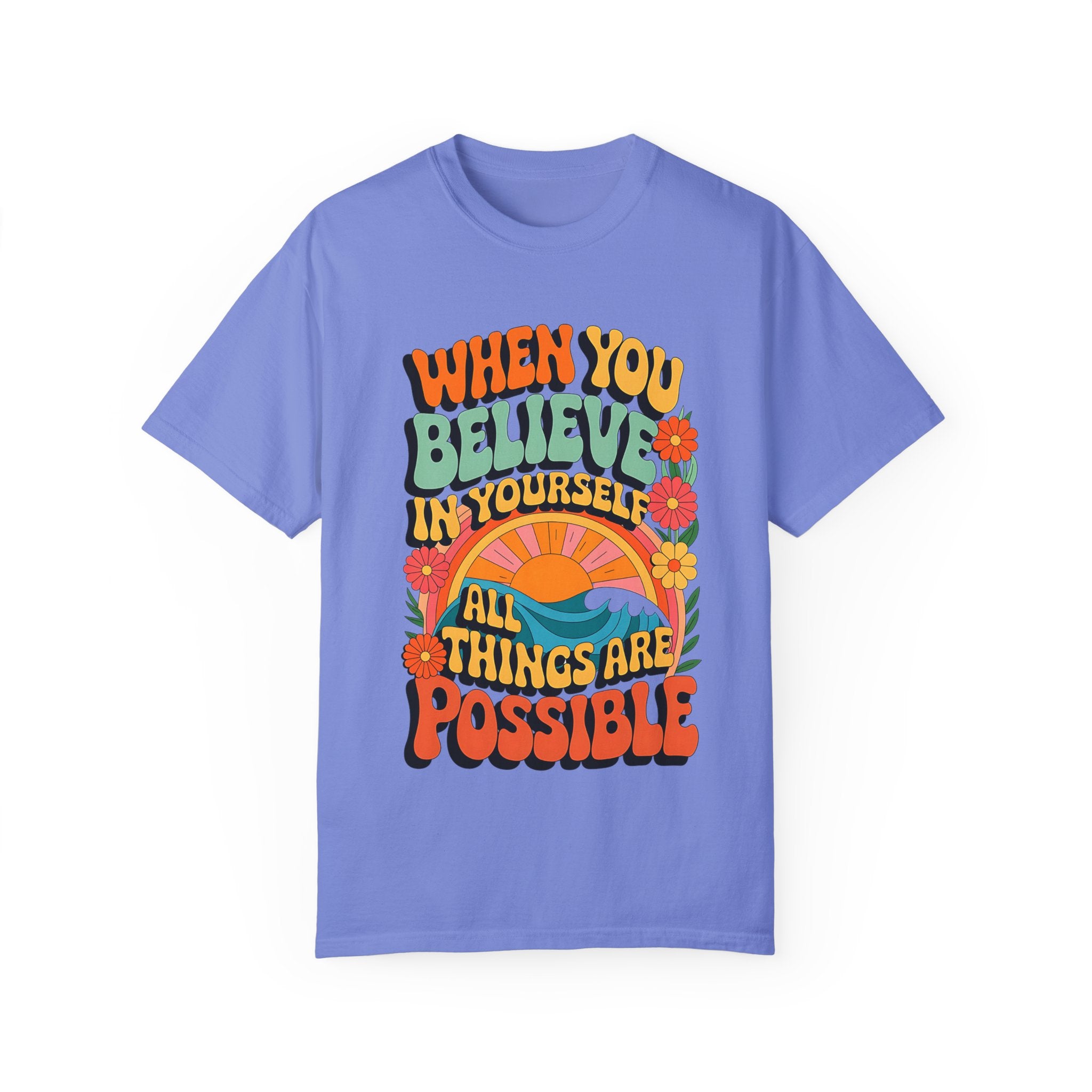 Motivational Unisex Garment-Dyed T-Shirt - 'Believe in Yourself' Design - Angel Body