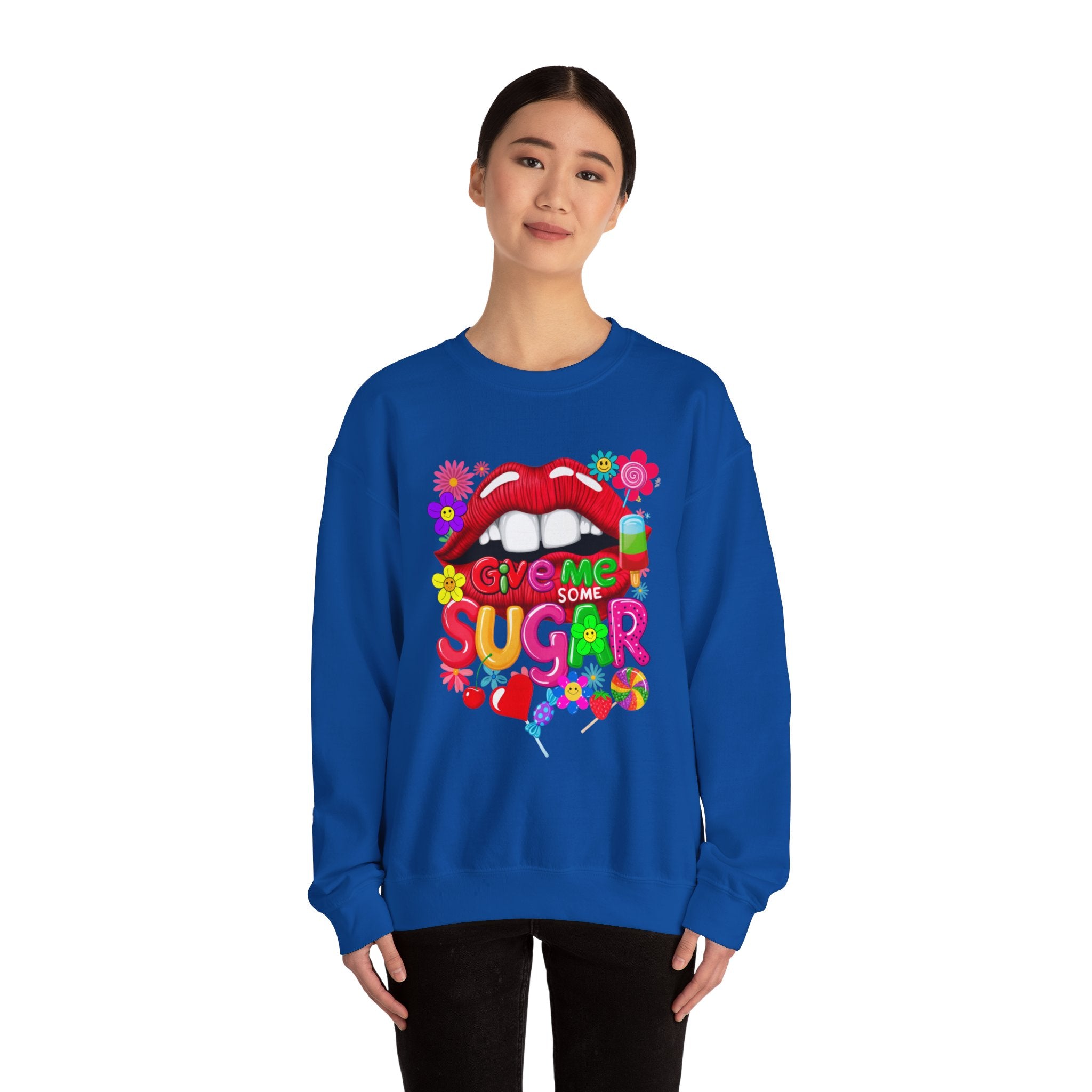 Fun Big Red Lips Give Me Some Sugar Crewneck Sweatshirt - Angel Body