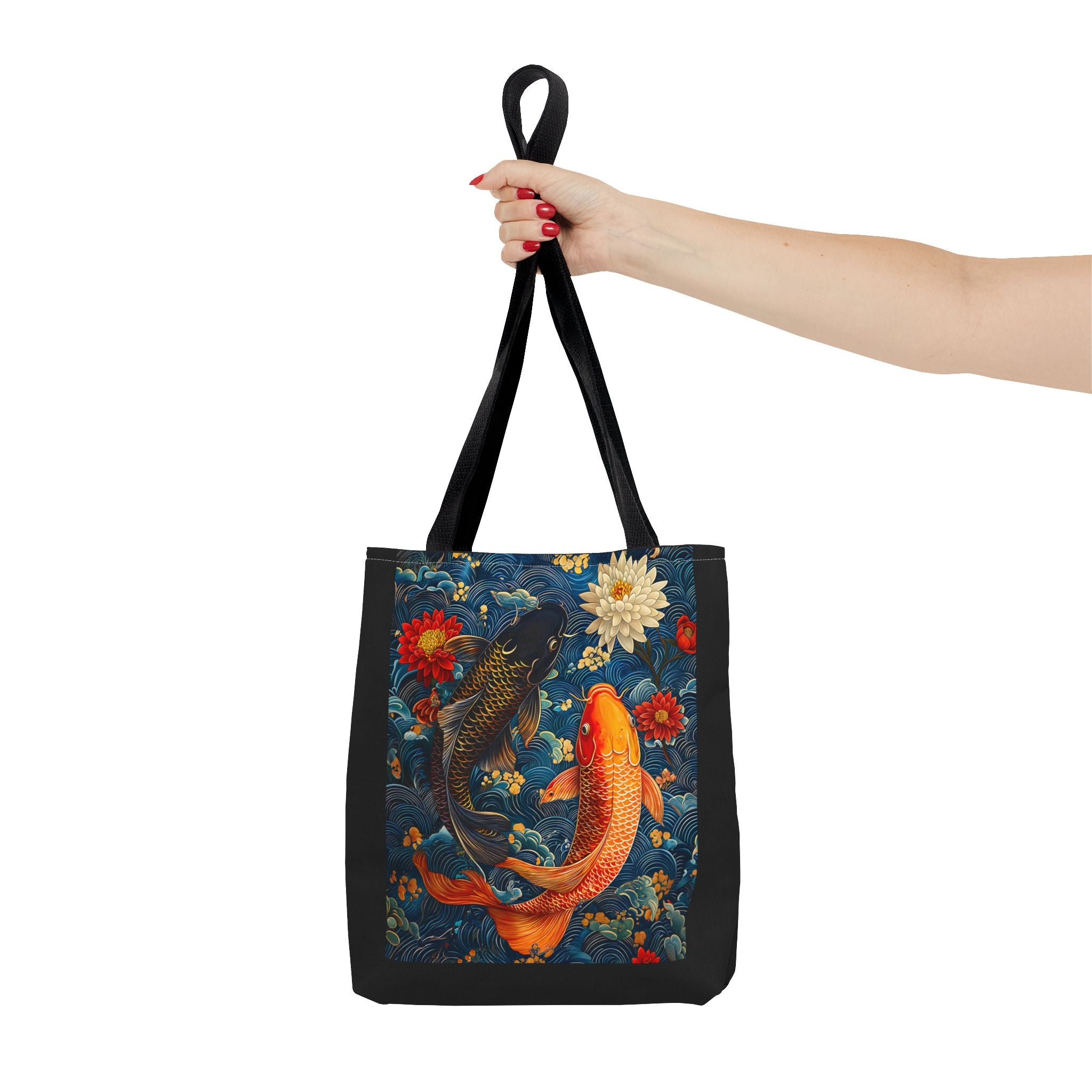 Elegant Koi Fish Tote Bag - Bright Blue Floral Design - Angel Body
