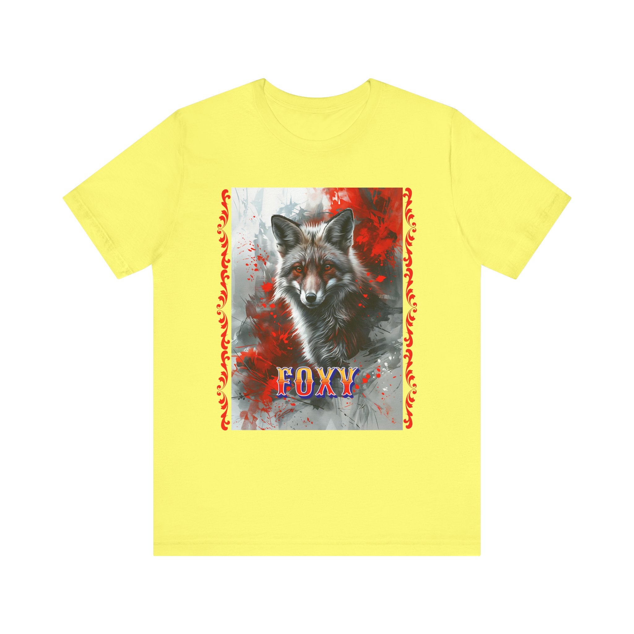 Unisex Jersey Short Sleeve Tee: A lovely painting design of a Red Fox with the word FOXY - Angel Body