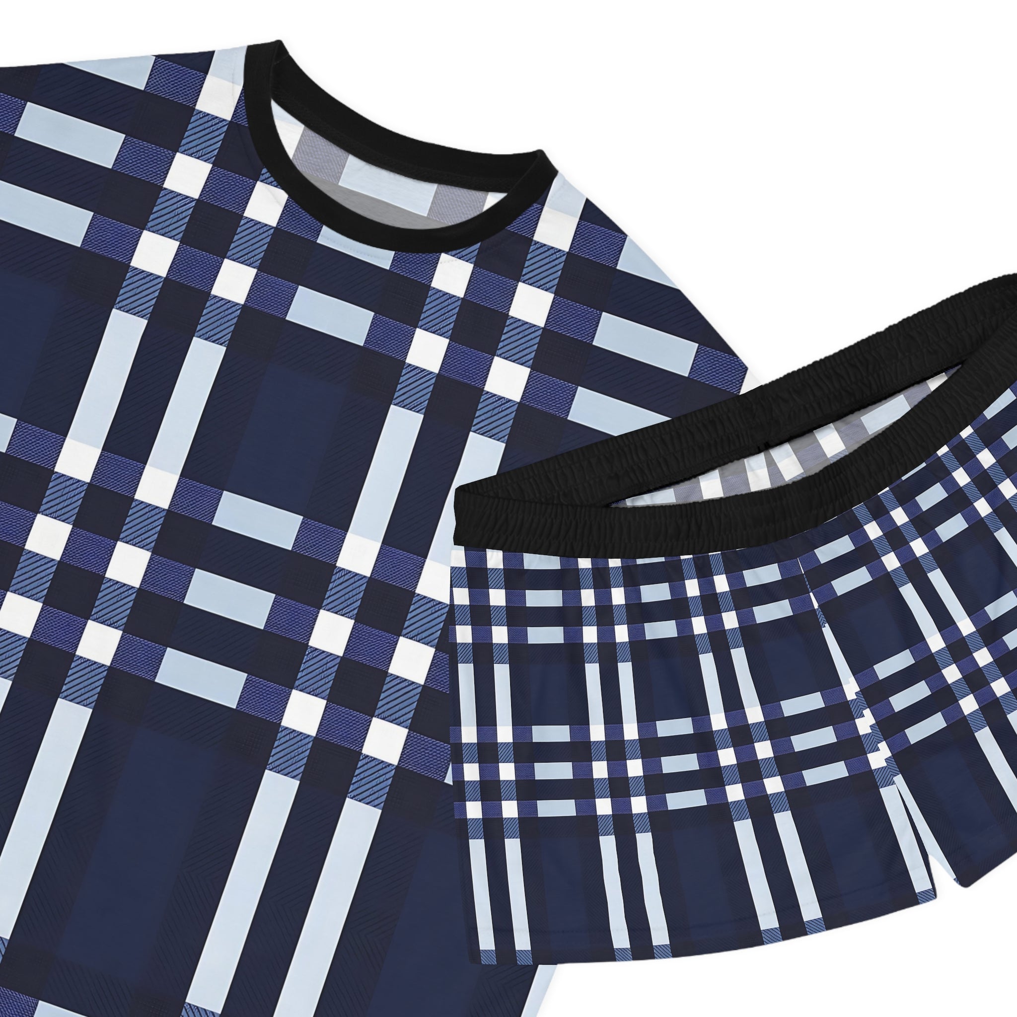 Cozy Women's Short Pajama Set - Navy Blue Plaid for Relaxing Nights - Angel Body
