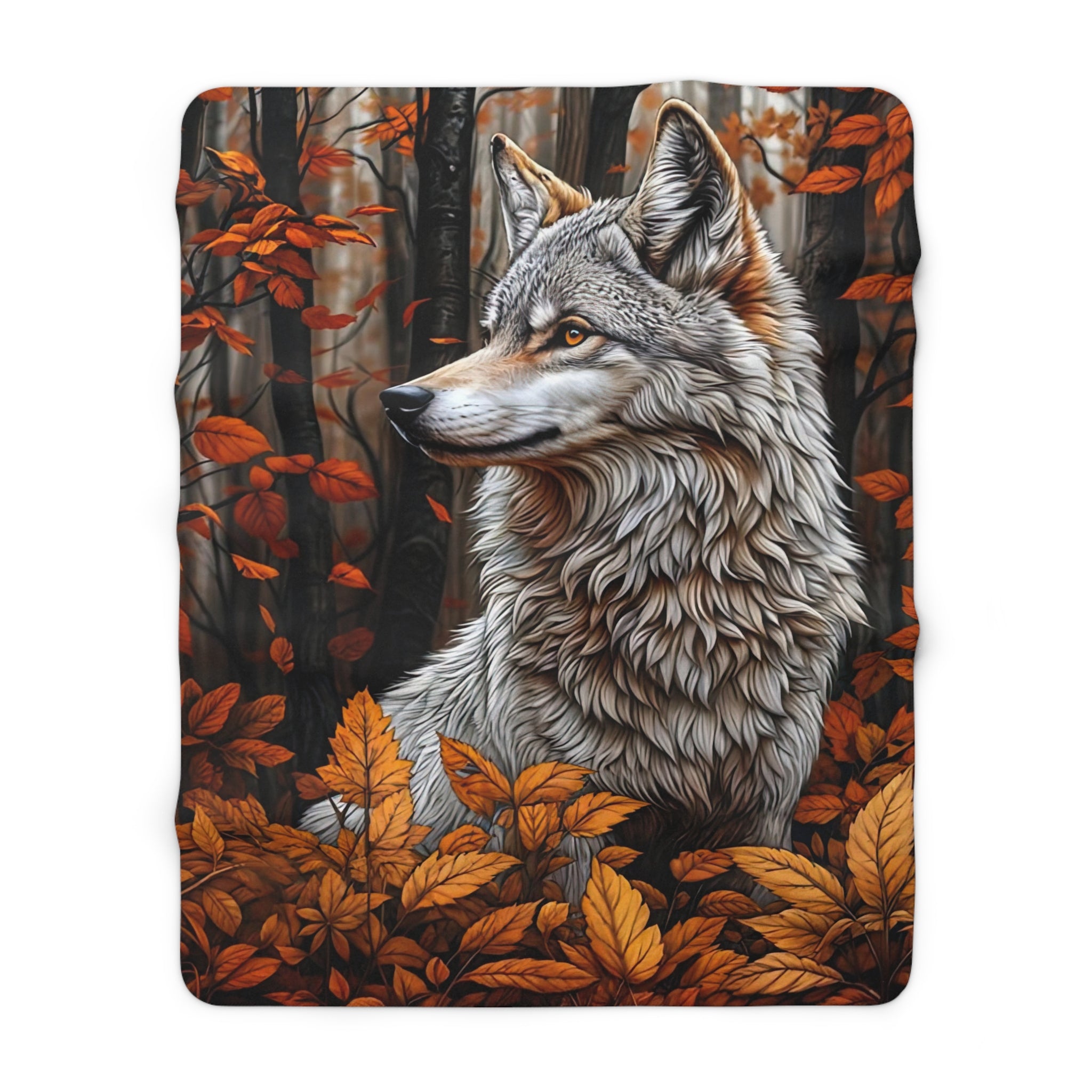 Cozy Wilderness Sherpa Fleece Blanket - Autumn Leaves & Wolf Design - Angel Body