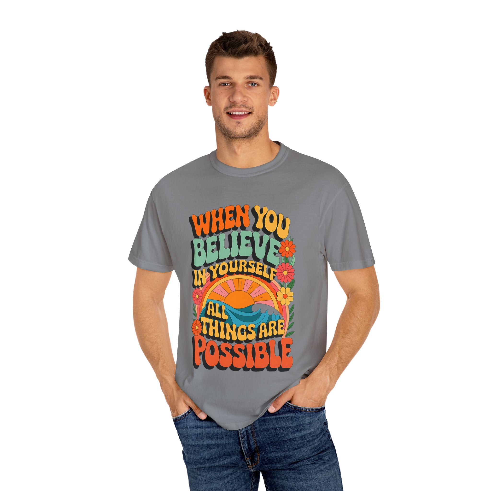 Motivational Unisex Garment-Dyed T-Shirt - 'Believe in Yourself' Design - Angel Body
