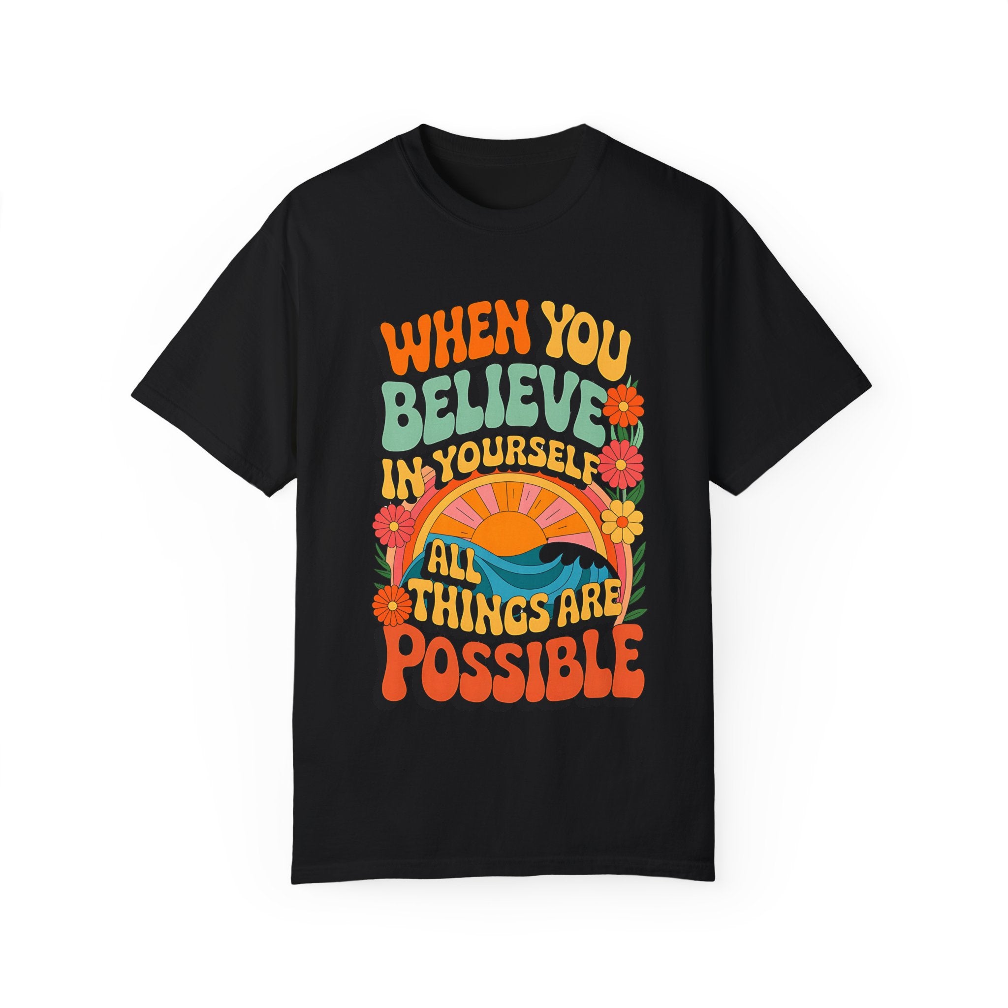 Motivational Unisex Garment-Dyed T-Shirt - 'Believe in Yourself' Design - Angel Body