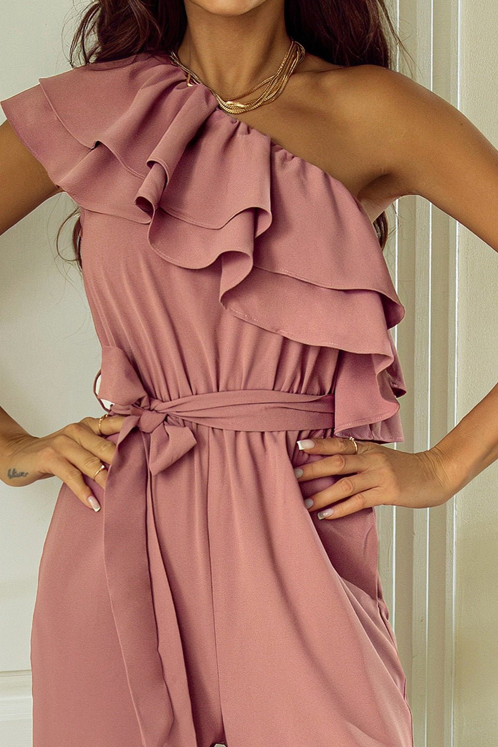 Ruffled Tied One - Shoulder Jumpsuit - Angel Body