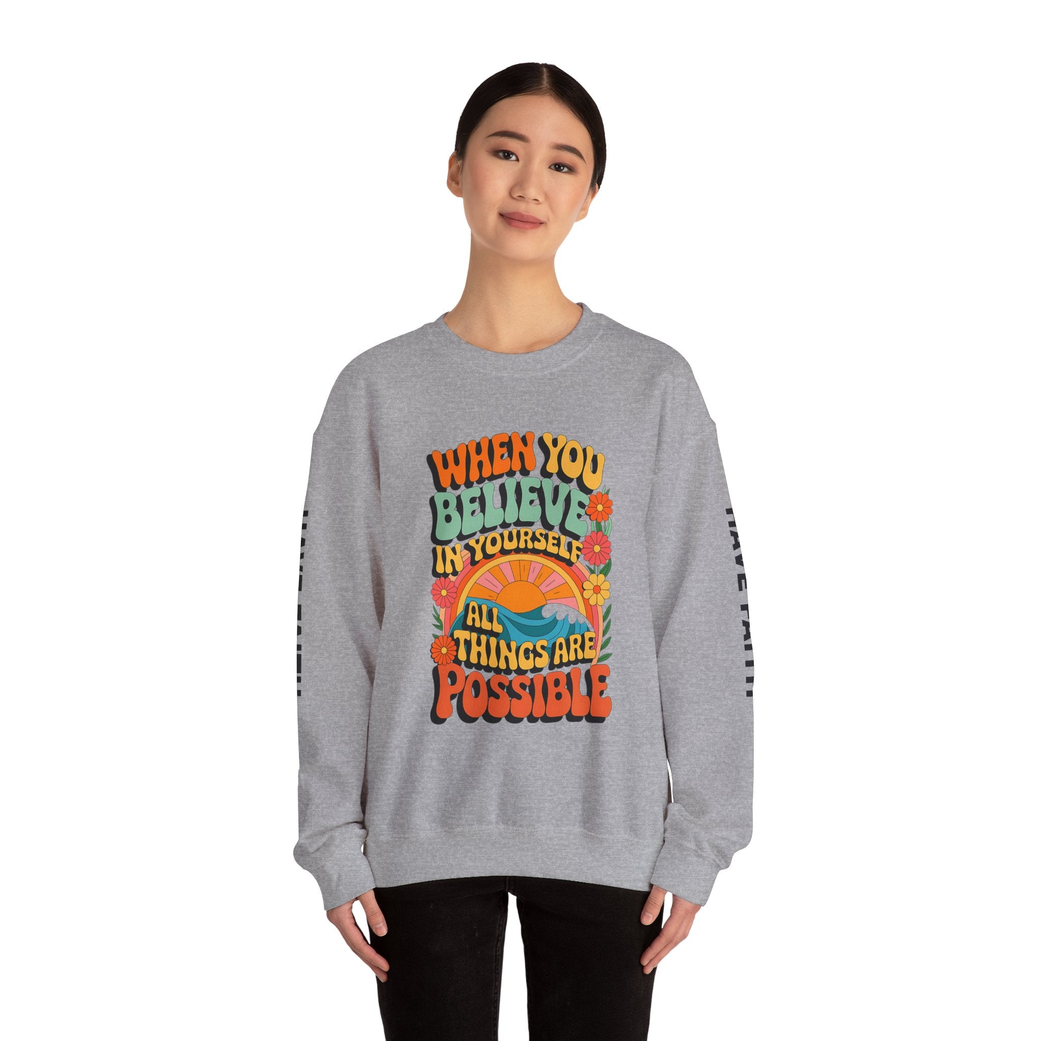 Inspirational Crewneck Sweatshirt - "Believe in Yourself" - Unisex Heavy Blend™ - Angel Body