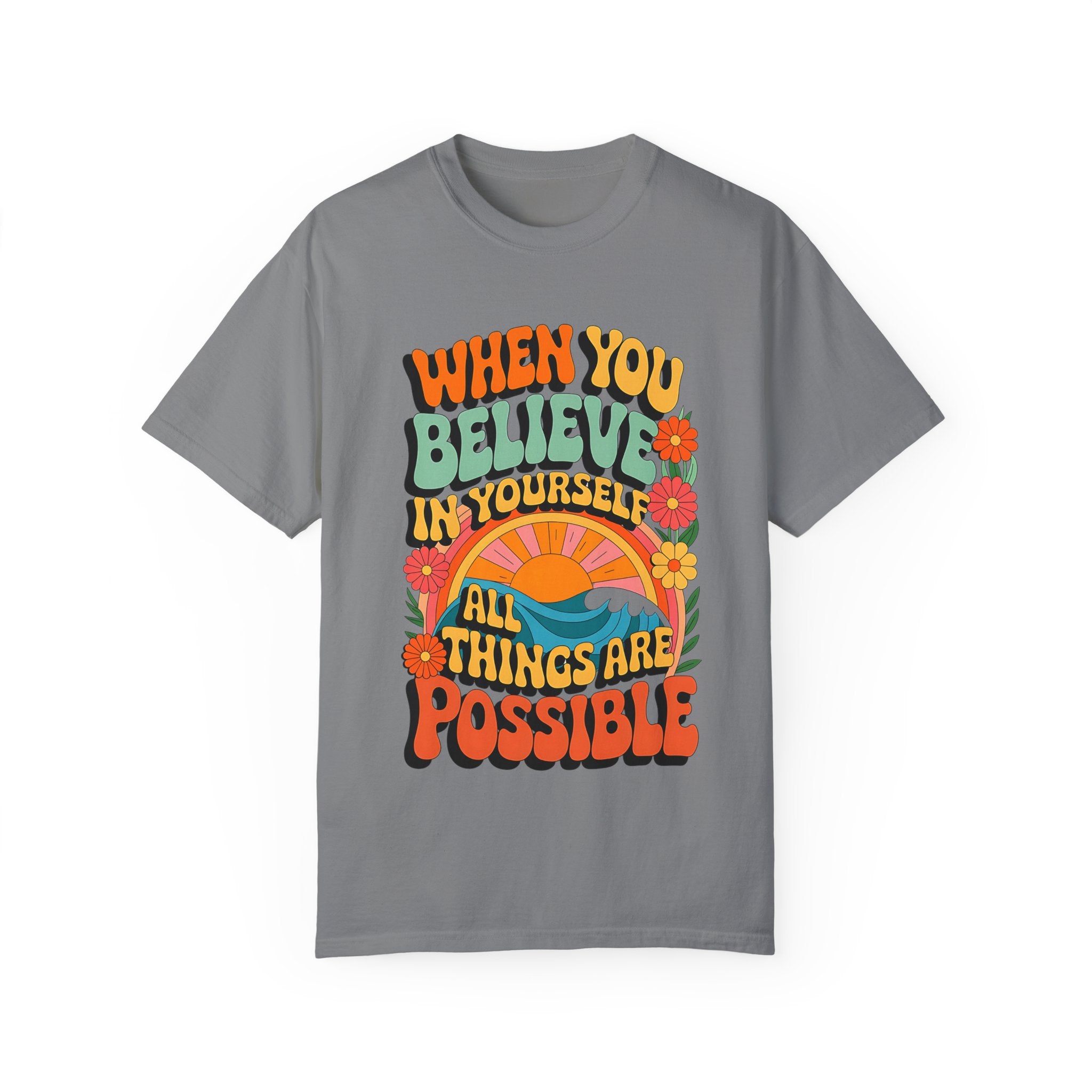 Motivational Unisex Garment-Dyed T-Shirt - 'Believe in Yourself' Design - Angel Body