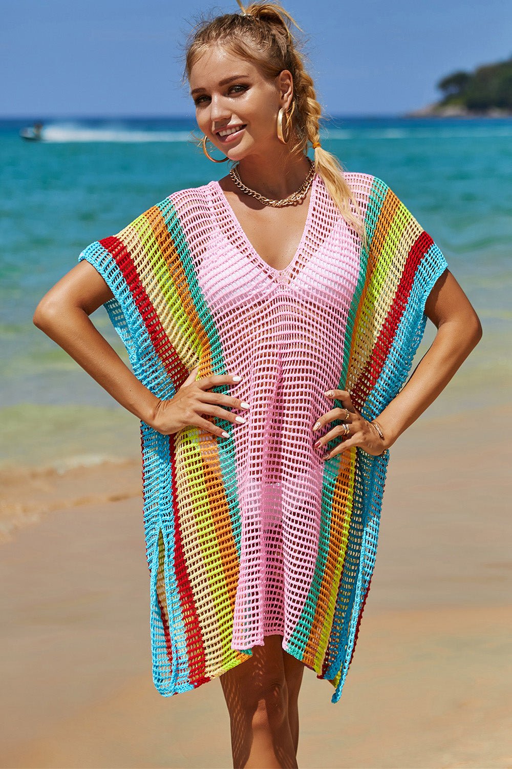 Double Take Openwork Striped Slit Knit Cover Up - Angel Body