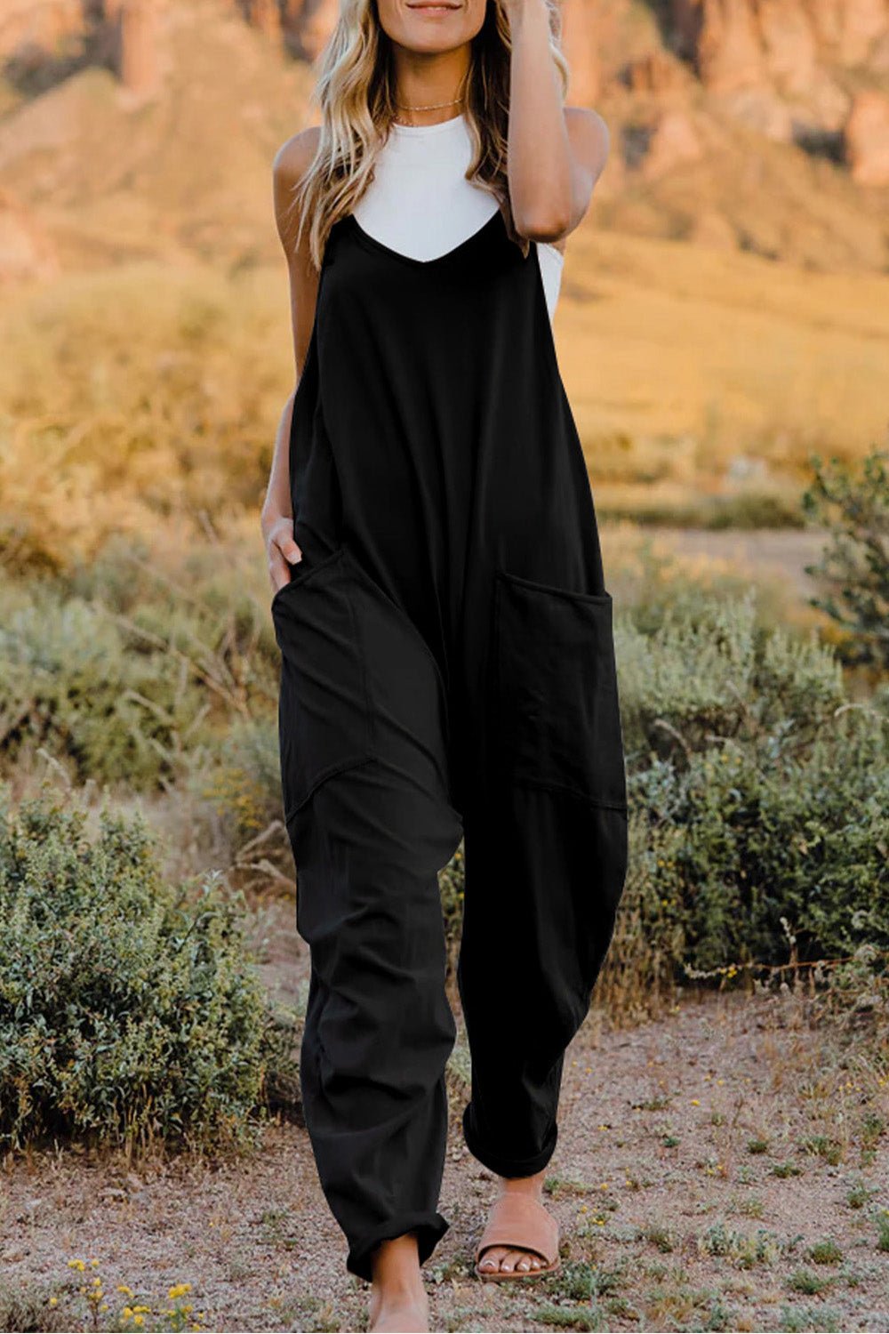 Double Take Full Size V - Neck Sleeveless Jumpsuit with Pockets - Angel Body
