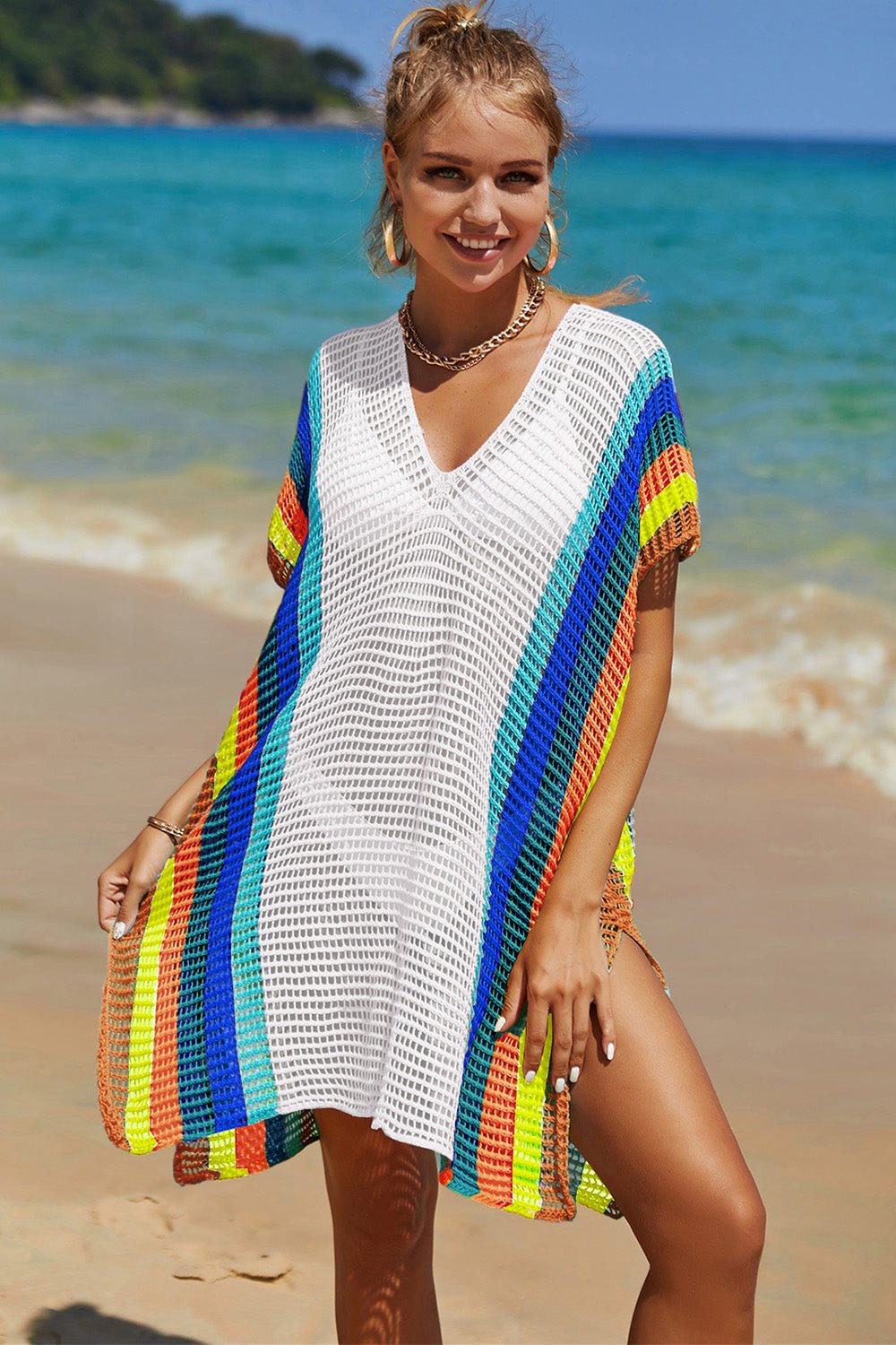 Double Take Openwork Striped Slit Knit Cover Up - Angel Body