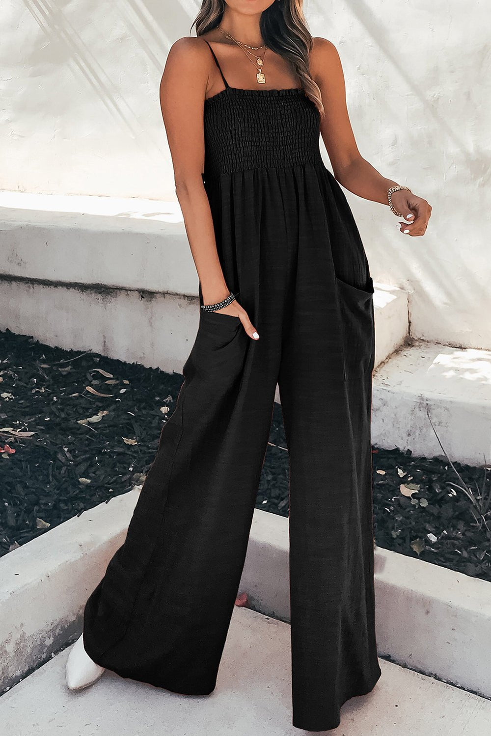 Smocked Spaghetti Strap Wide Leg Jumpsuit - Angel Body
