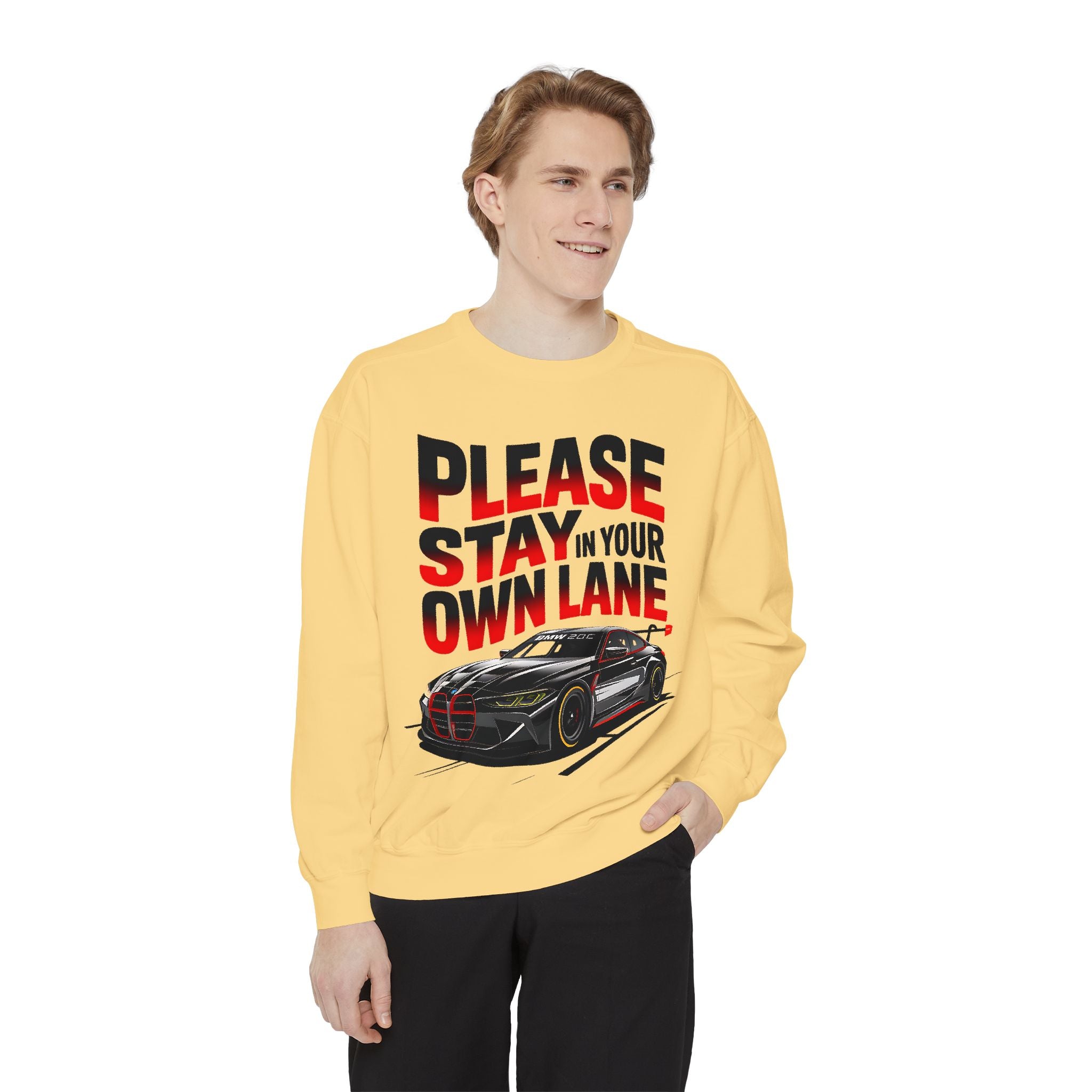 Unisex Garment-Dyed Sweatshirt - 'Please Stay In Your Own Lane' Racing Design - Angel Body