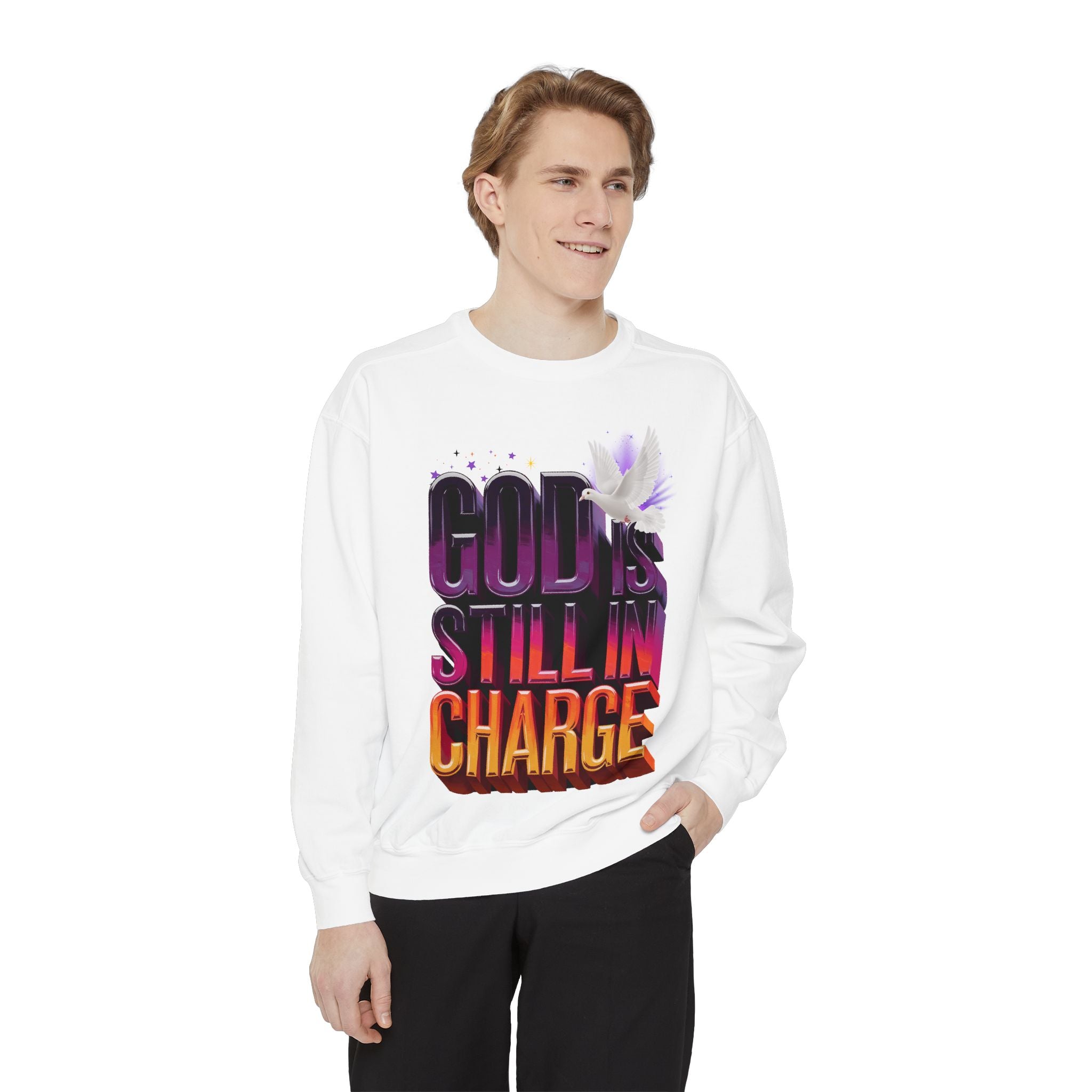 Unisex Garment-Dyed Sweatshirt - "God is Still in Charge" Inspirational Pullover - Angel Body