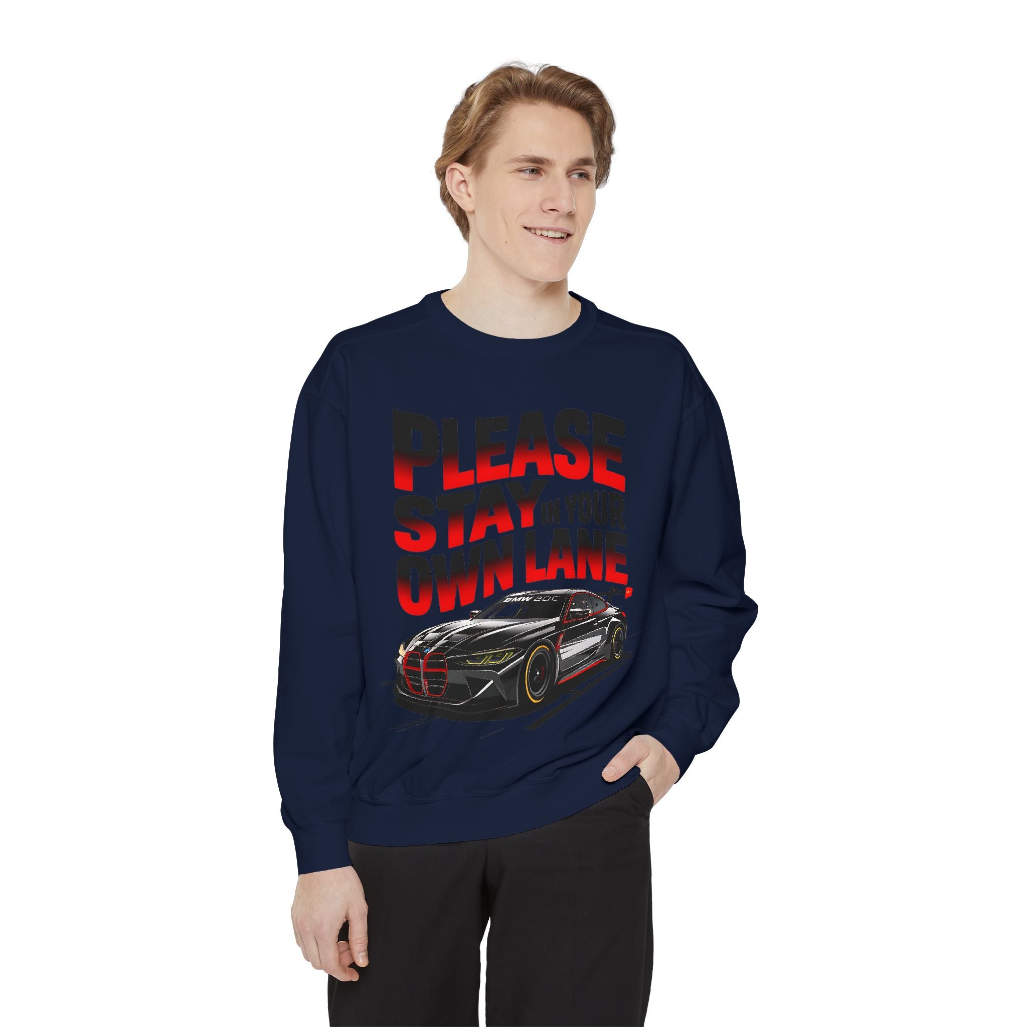 Unisex Garment-Dyed Sweatshirt - 'Please Stay In Your Own Lane' Racing Design - Angel Body