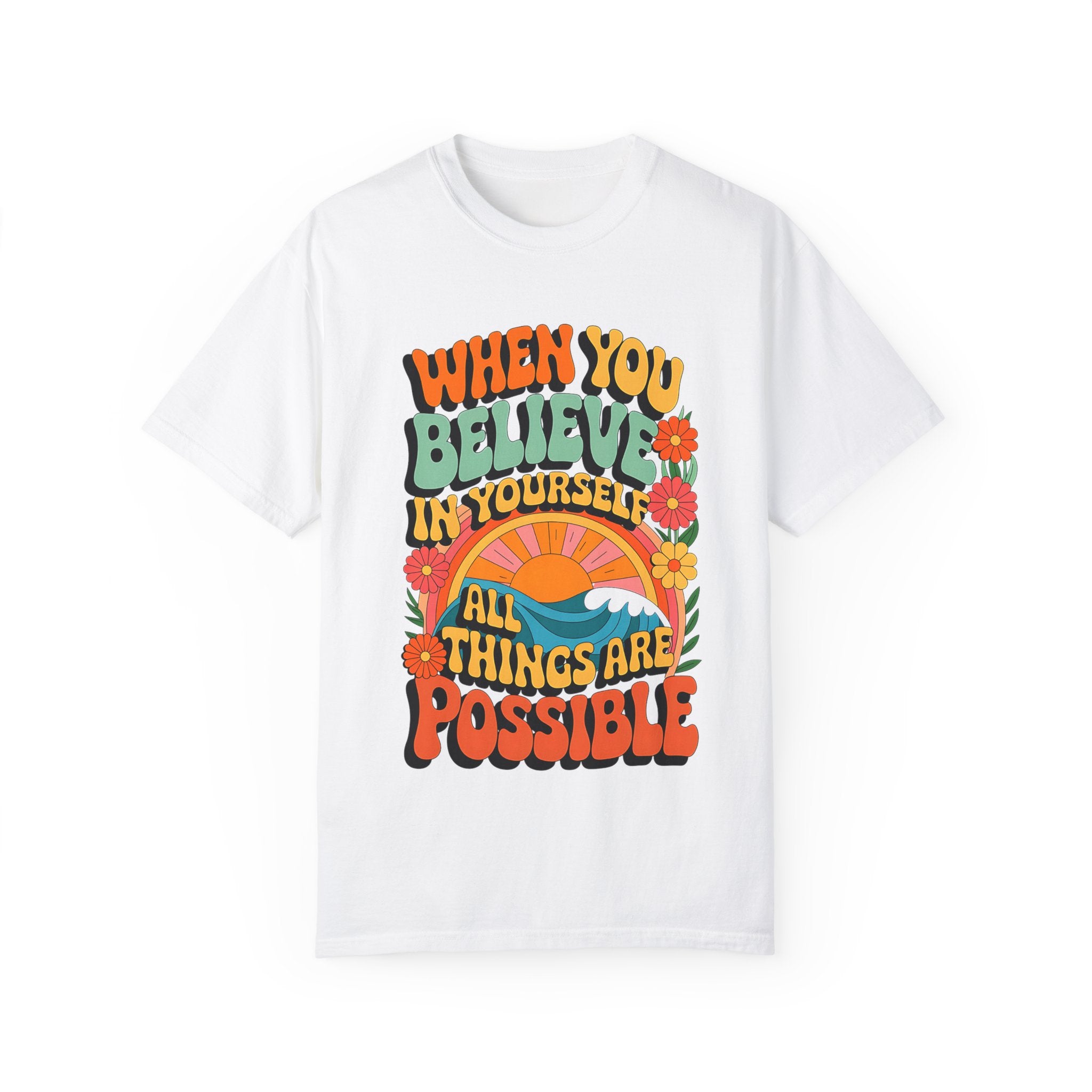 Motivational Unisex Garment-Dyed T-Shirt - 'Believe in Yourself' Design - Angel Body