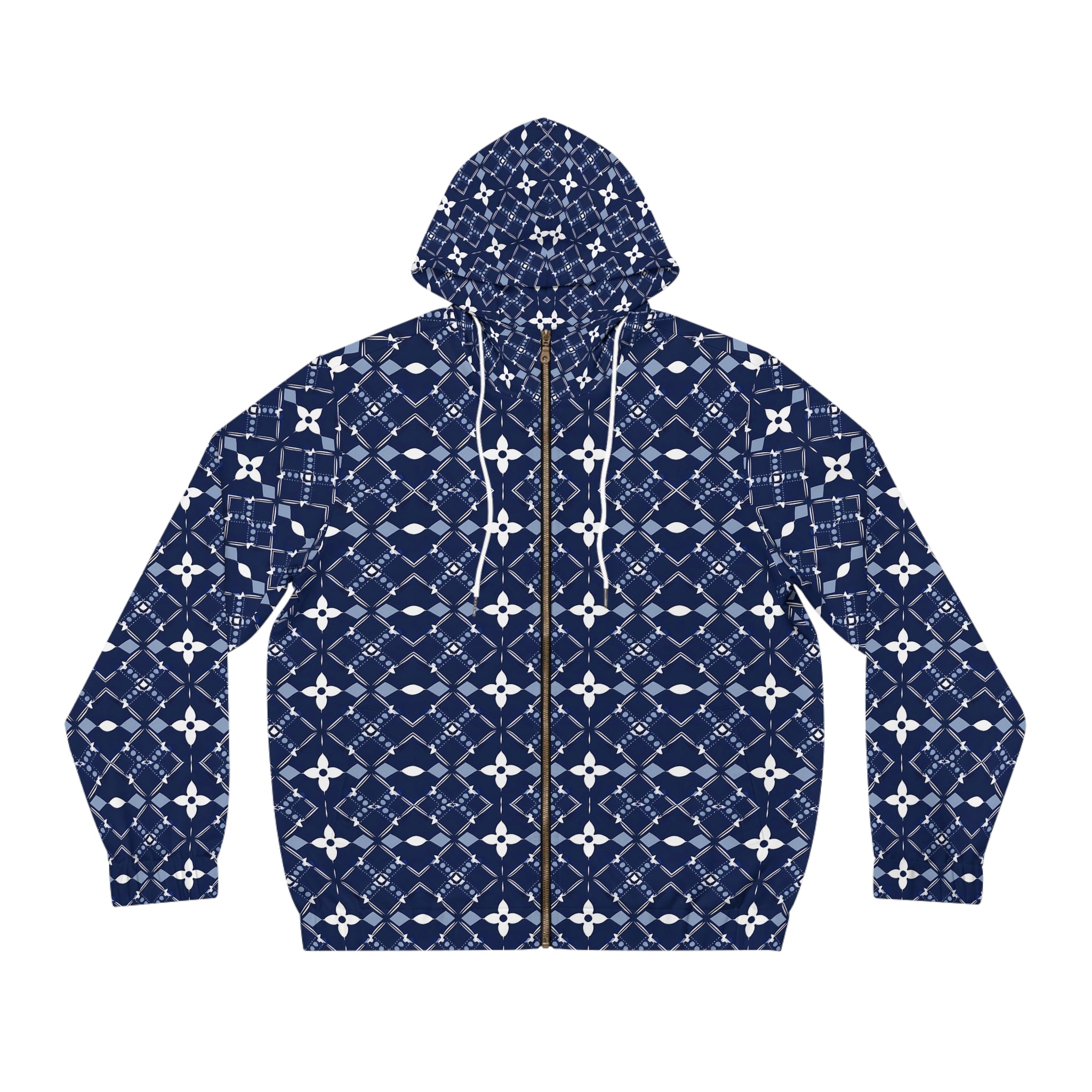 Navy Blue Geometric Pattern Full-Zip Hoodie - Comfortable & Stylish for Men - Angel Body