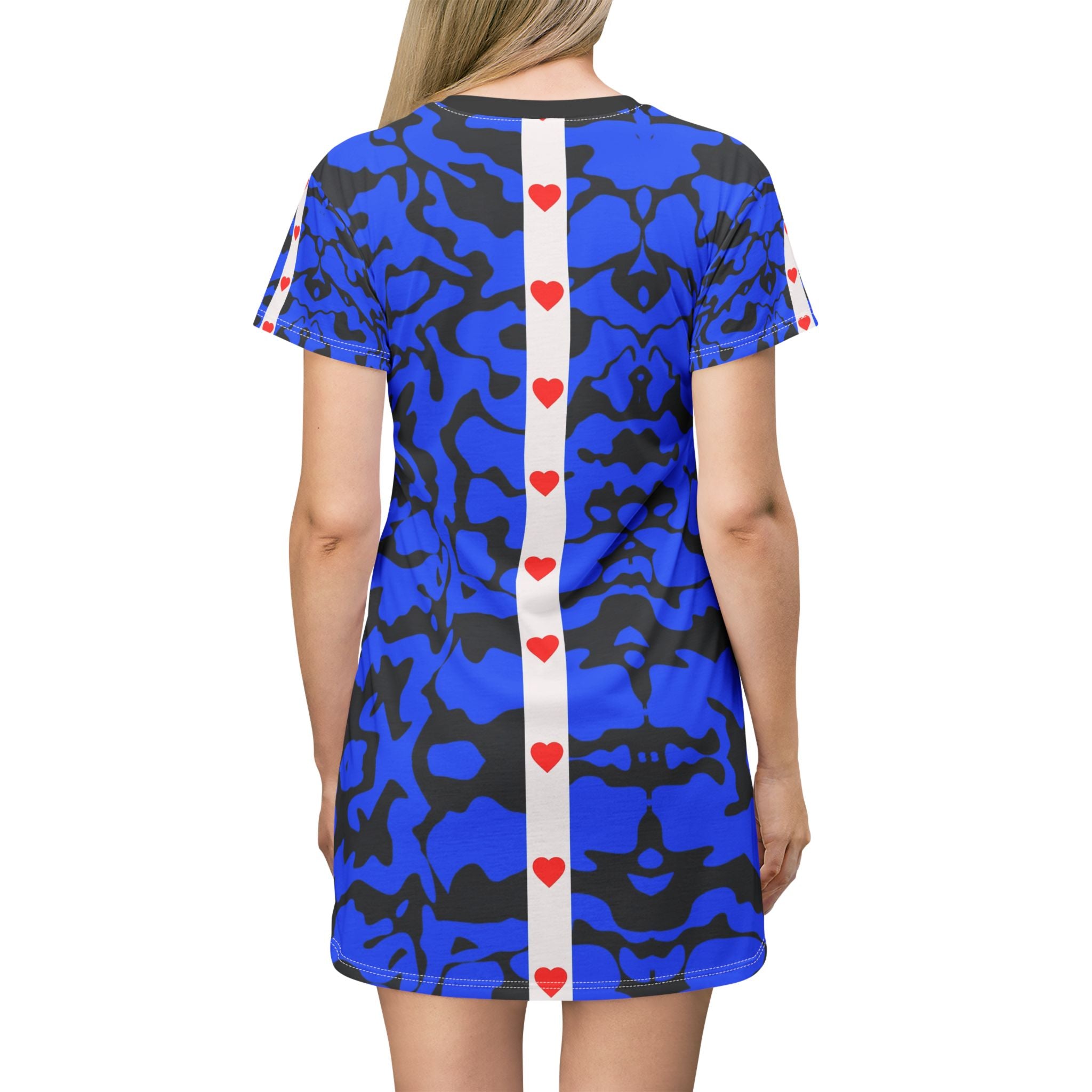 Chic Blue Camouflage T-Shirt Dress with Red Heart Detail - Angel Body