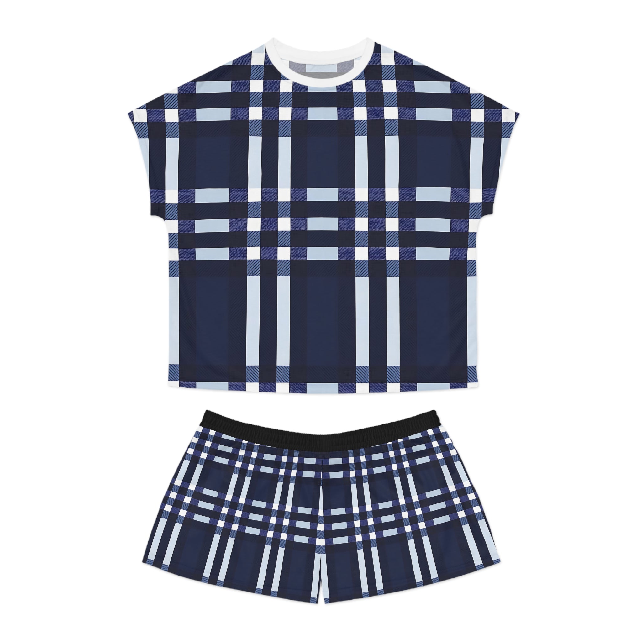 Cozy Women's Short Pajama Set - Navy Blue Plaid for Relaxing Nights - Angel Body