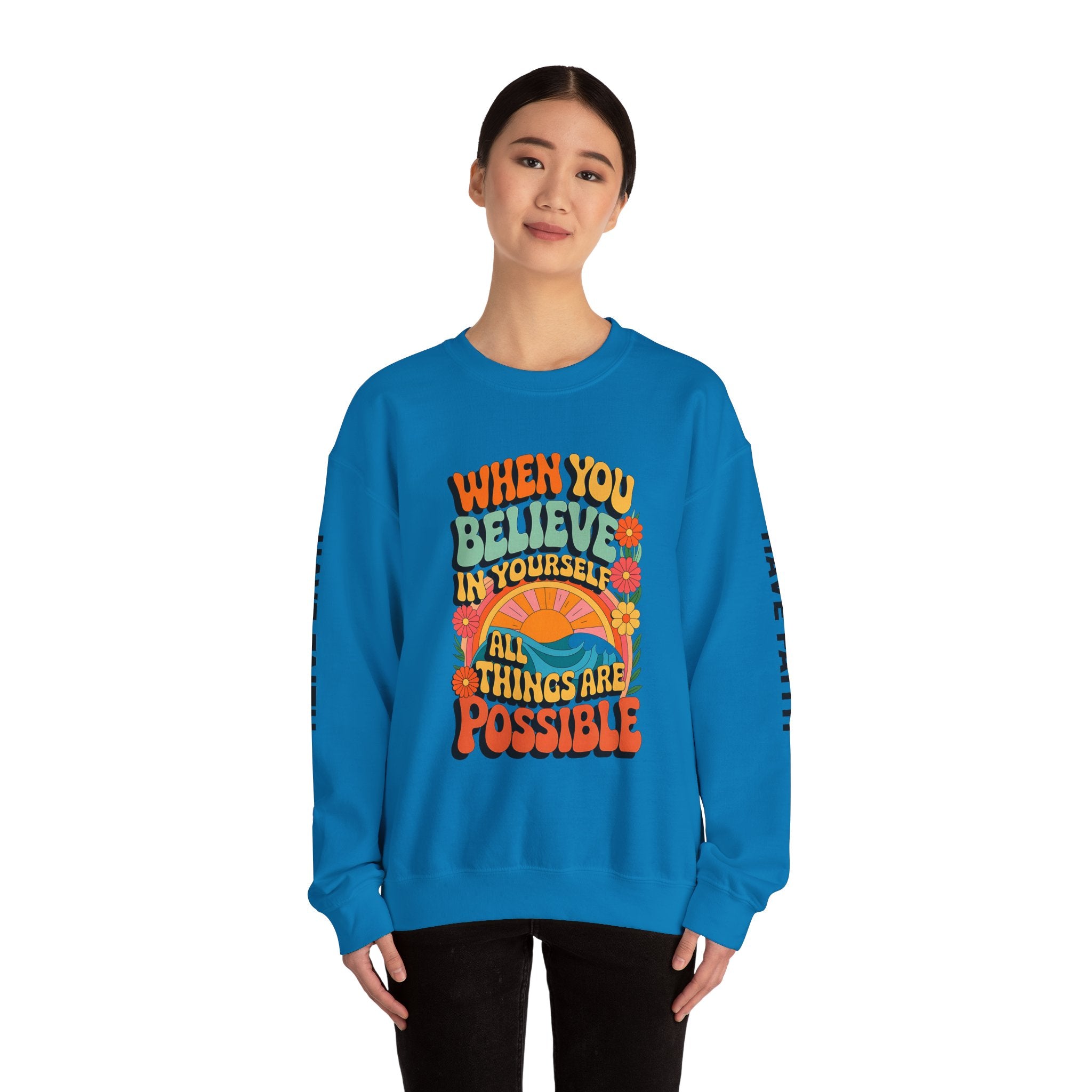 Inspirational Crewneck Sweatshirt - "Believe in Yourself" - Unisex Heavy Blend™ - Angel Body