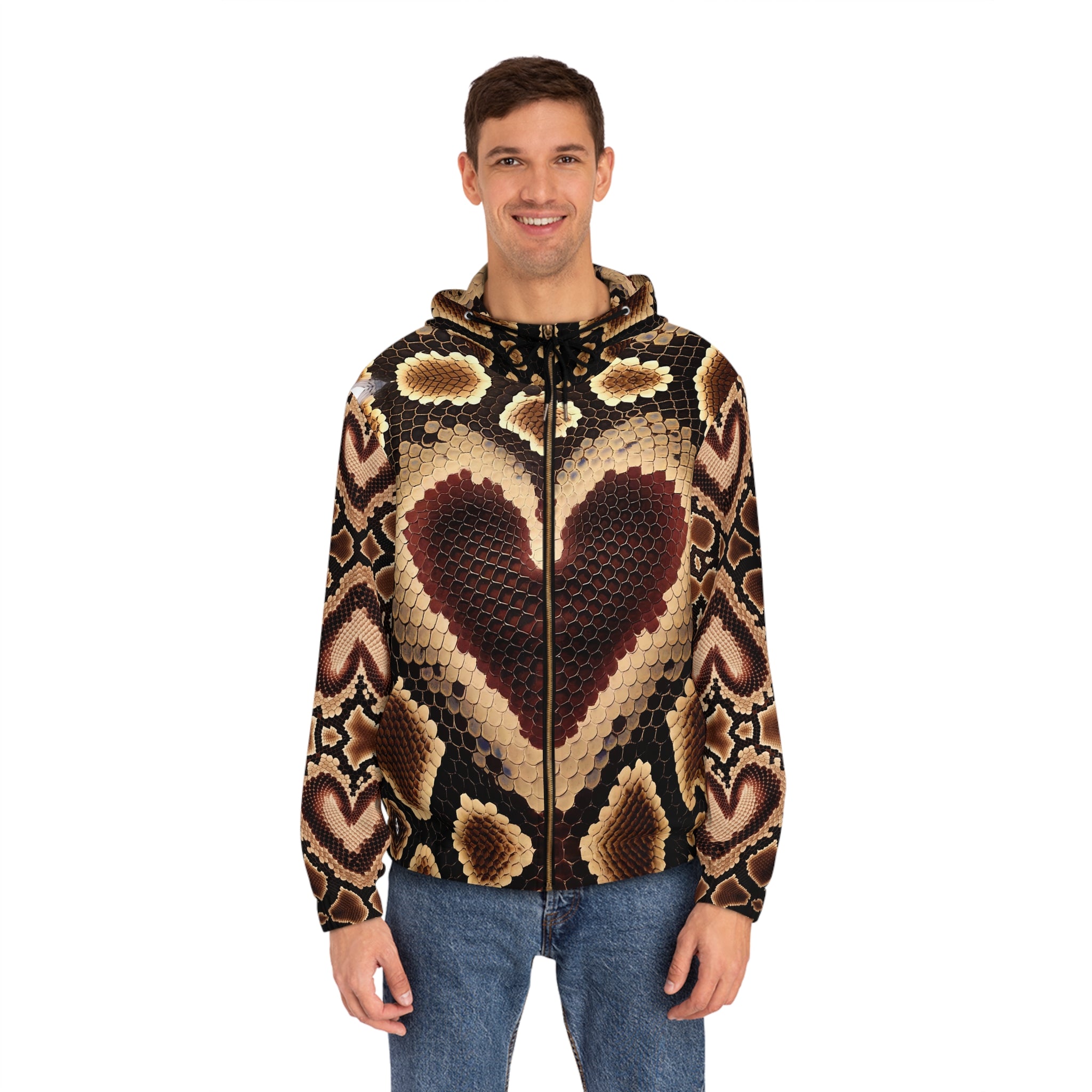 Men's Heart Pattern Full-Zip Hoodie - Stylish Python Print for Fashion Lovers - Angel Body
