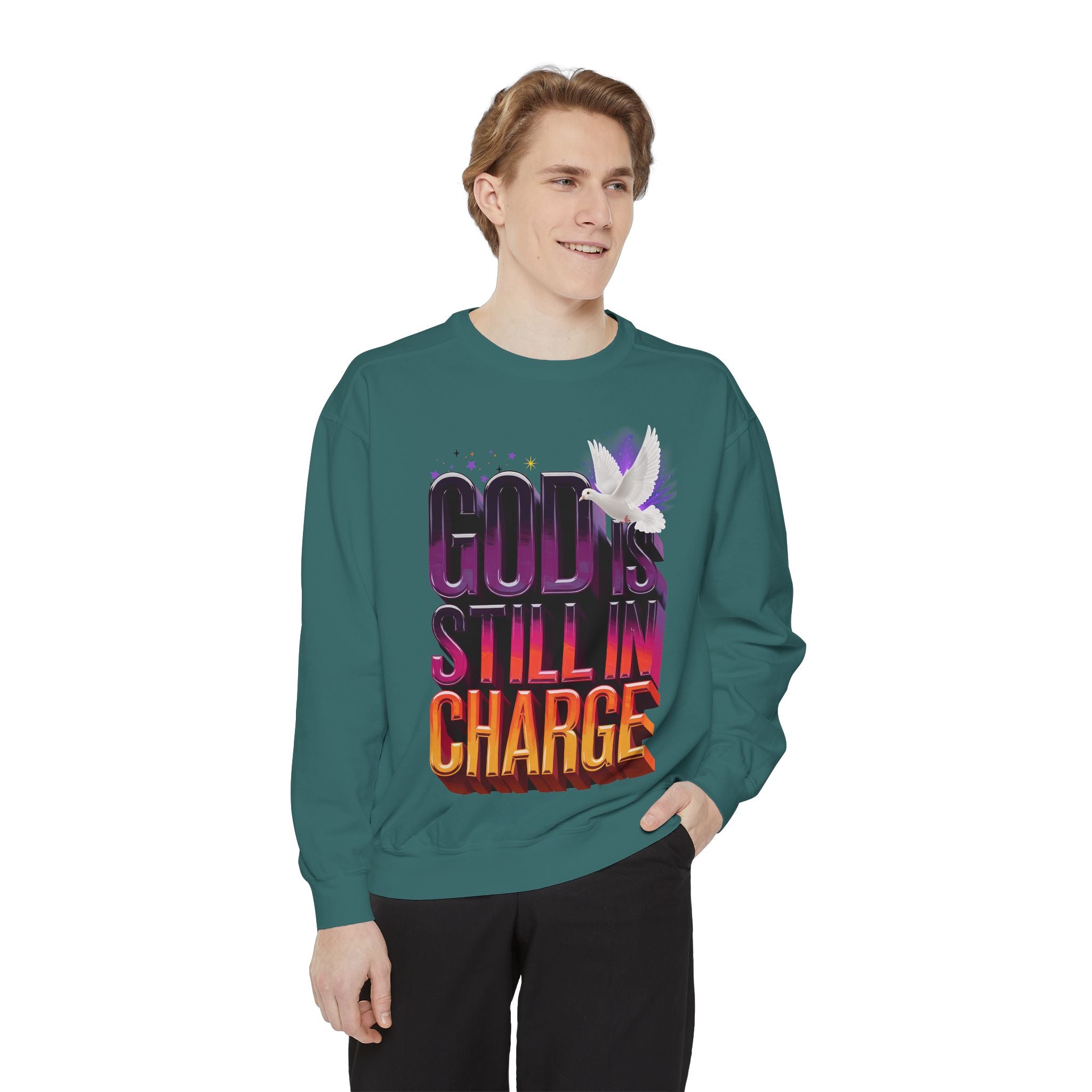 Unisex Garment-Dyed Sweatshirt - "God is Still in Charge" Inspirational Pullover - Angel Body