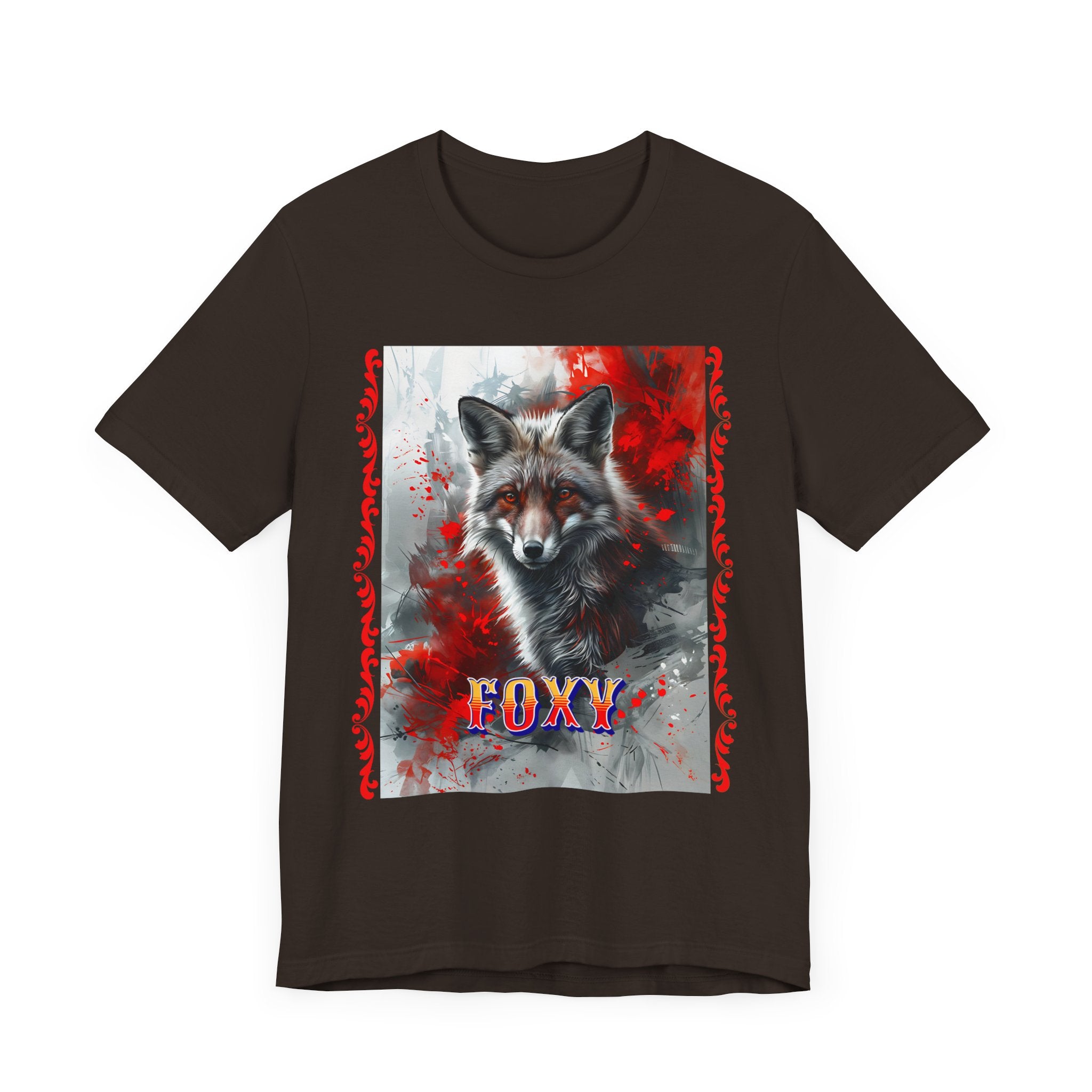 Unisex Jersey Short Sleeve Tee: A lovely painting design of a Red Fox with the word FOXY - Angel Body