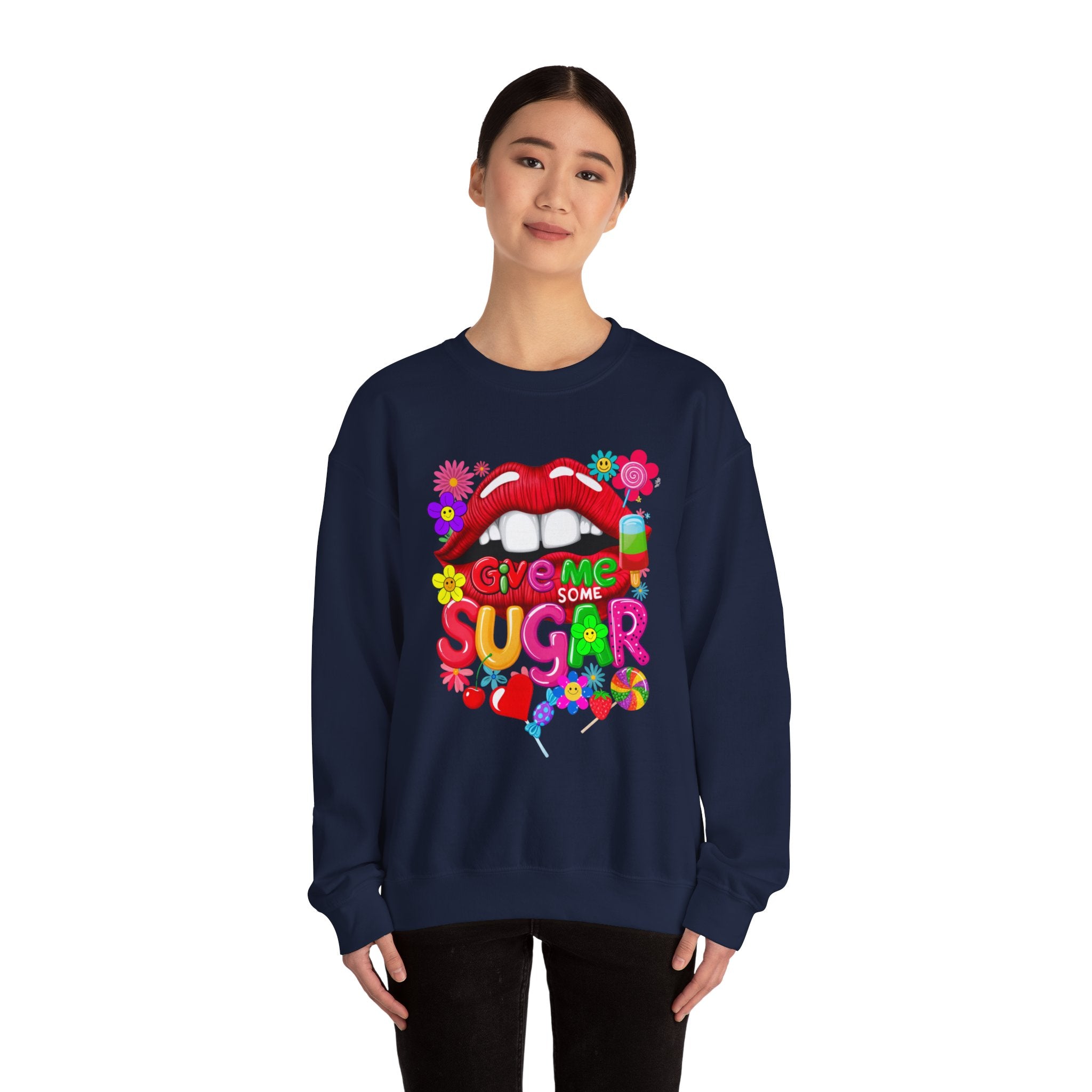 Fun Big Red Lips Give Me Some Sugar Crewneck Sweatshirt - Angel Body