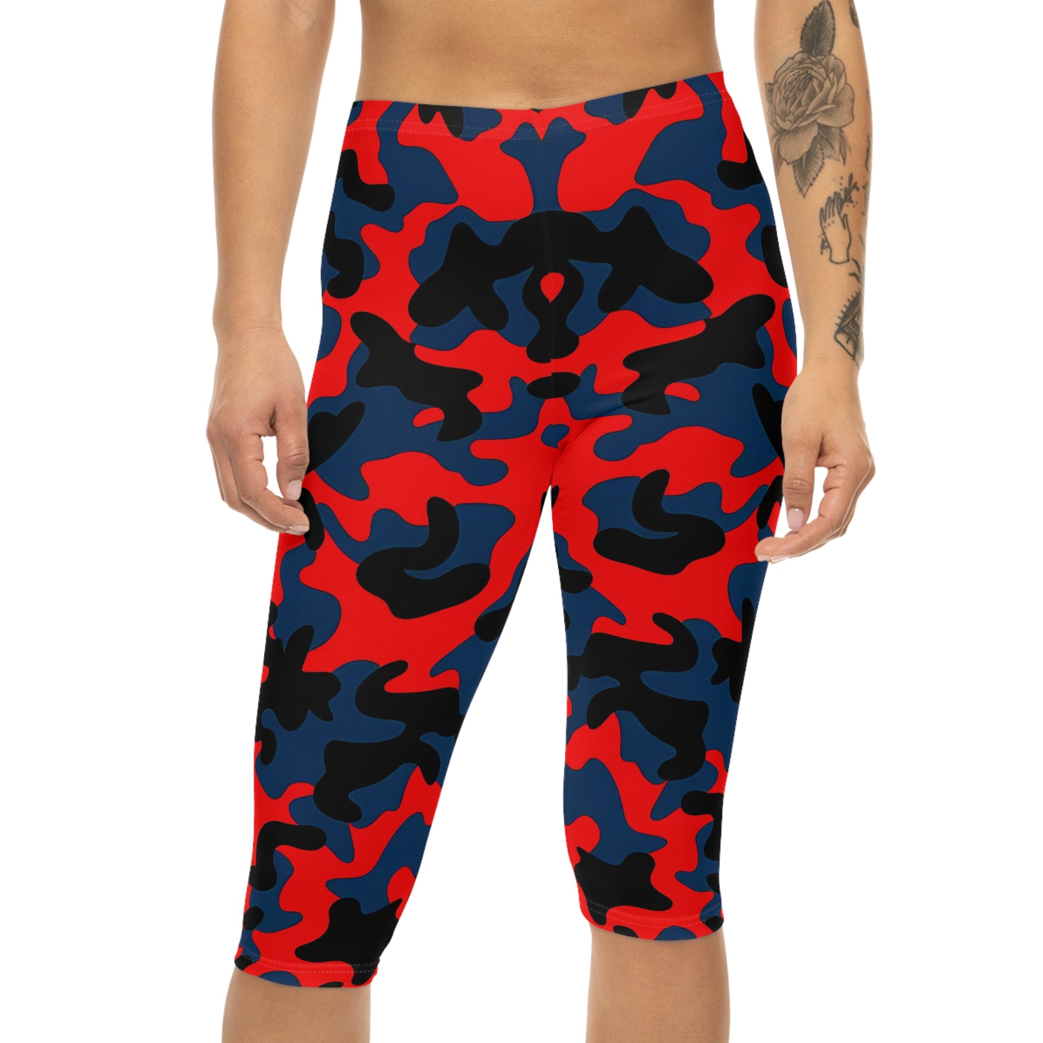 Bold Red & Black Camo Women’s Capri Leggings for Active Lifestyle - Angel Body
