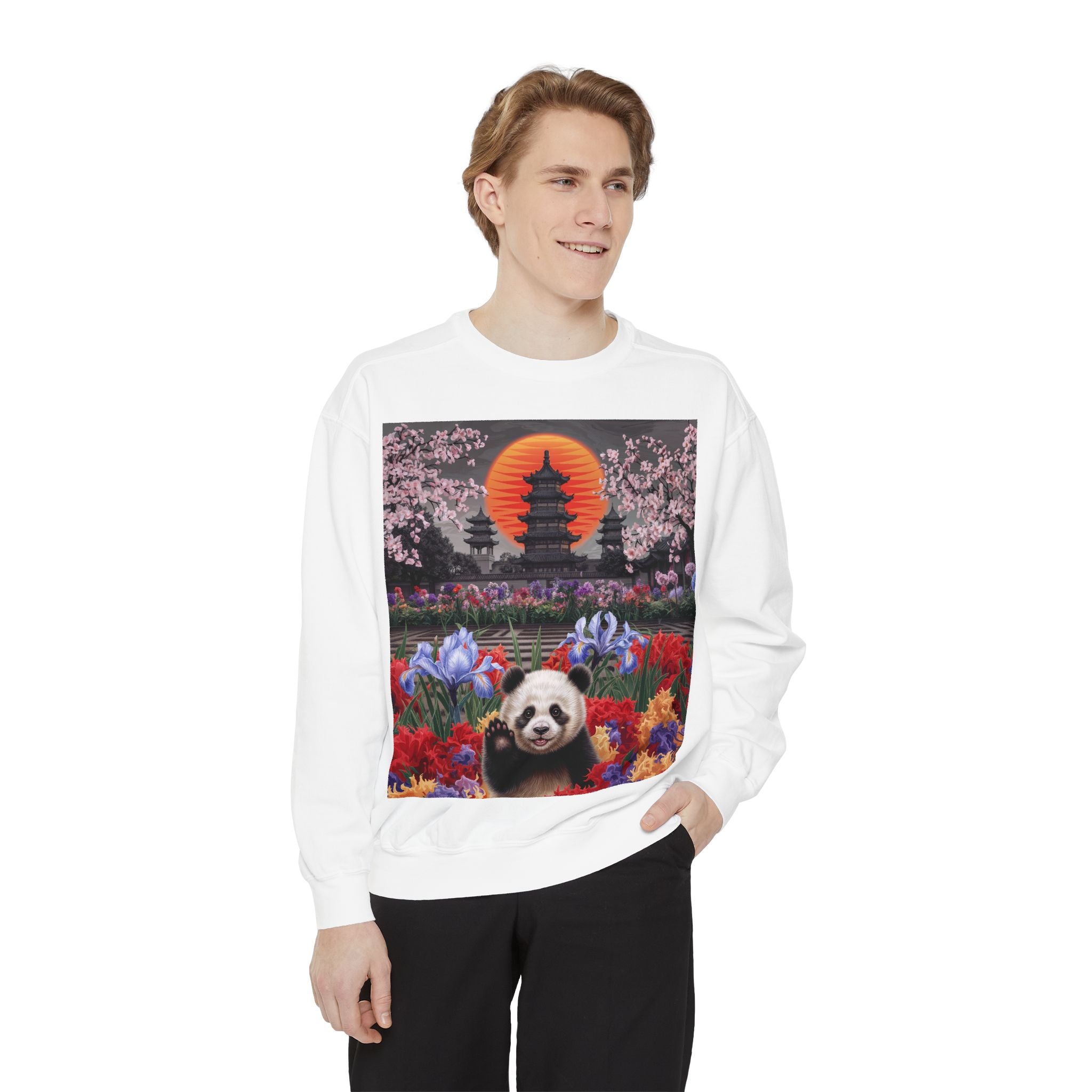 Cozy Panda Garden Sweatshirt - Unisex Garment-Dyed Apparel - Angel Body