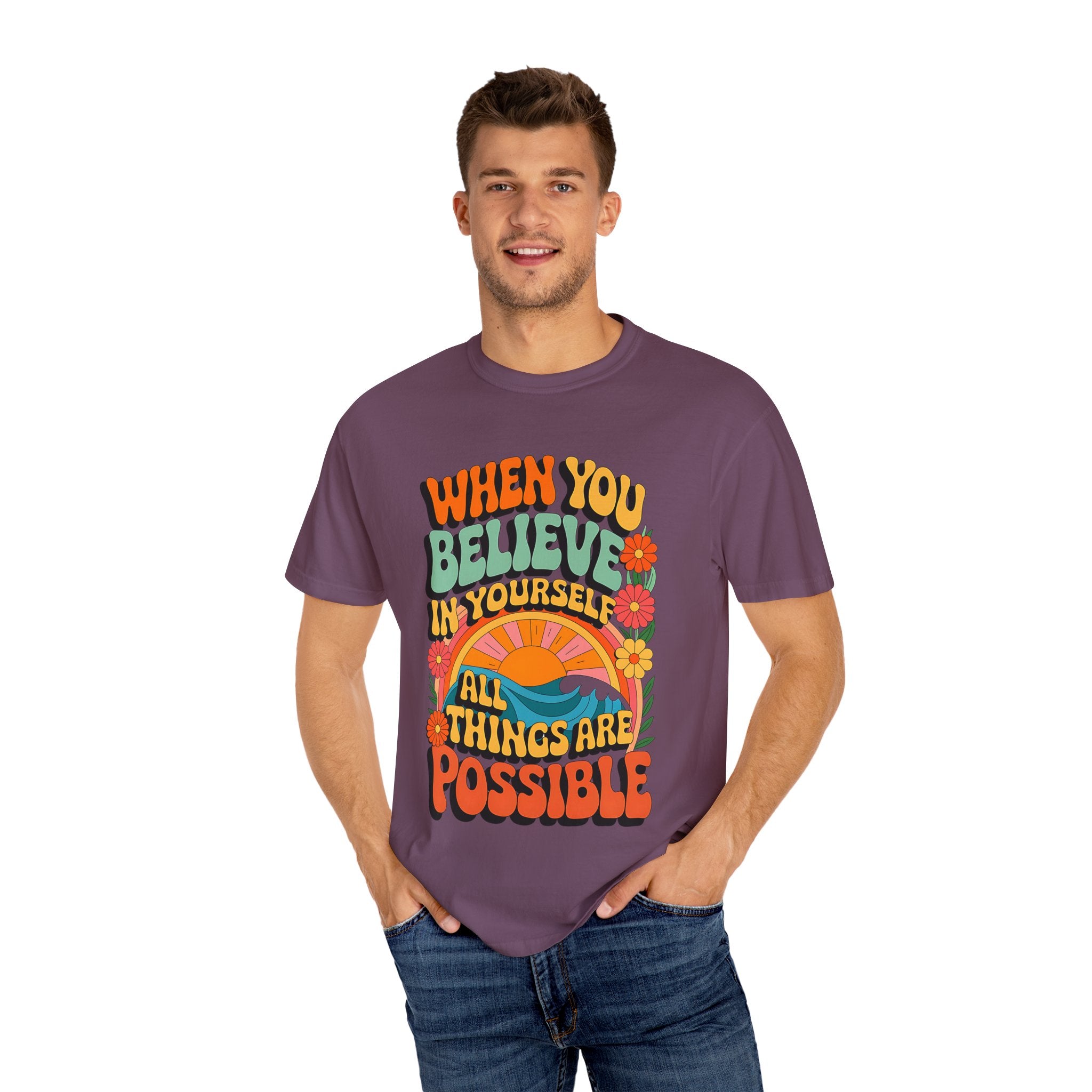 Motivational Unisex Garment-Dyed T-Shirt - 'Believe in Yourself' Design - Angel Body