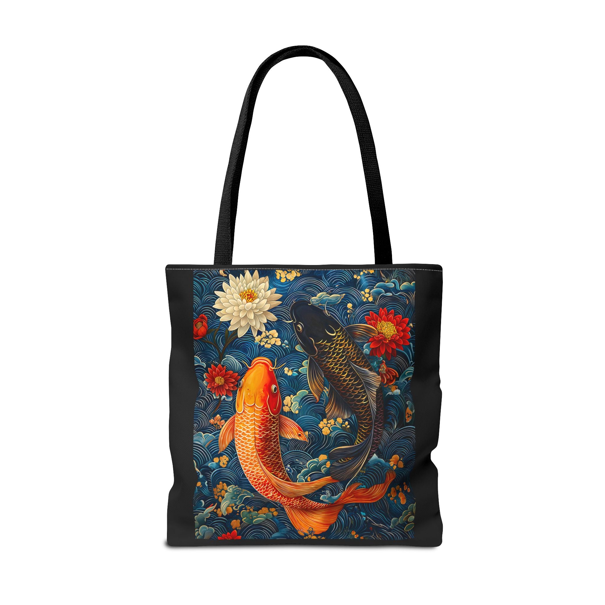 Elegant Koi Fish Tote Bag - Bright Blue Floral Design - Angel Body