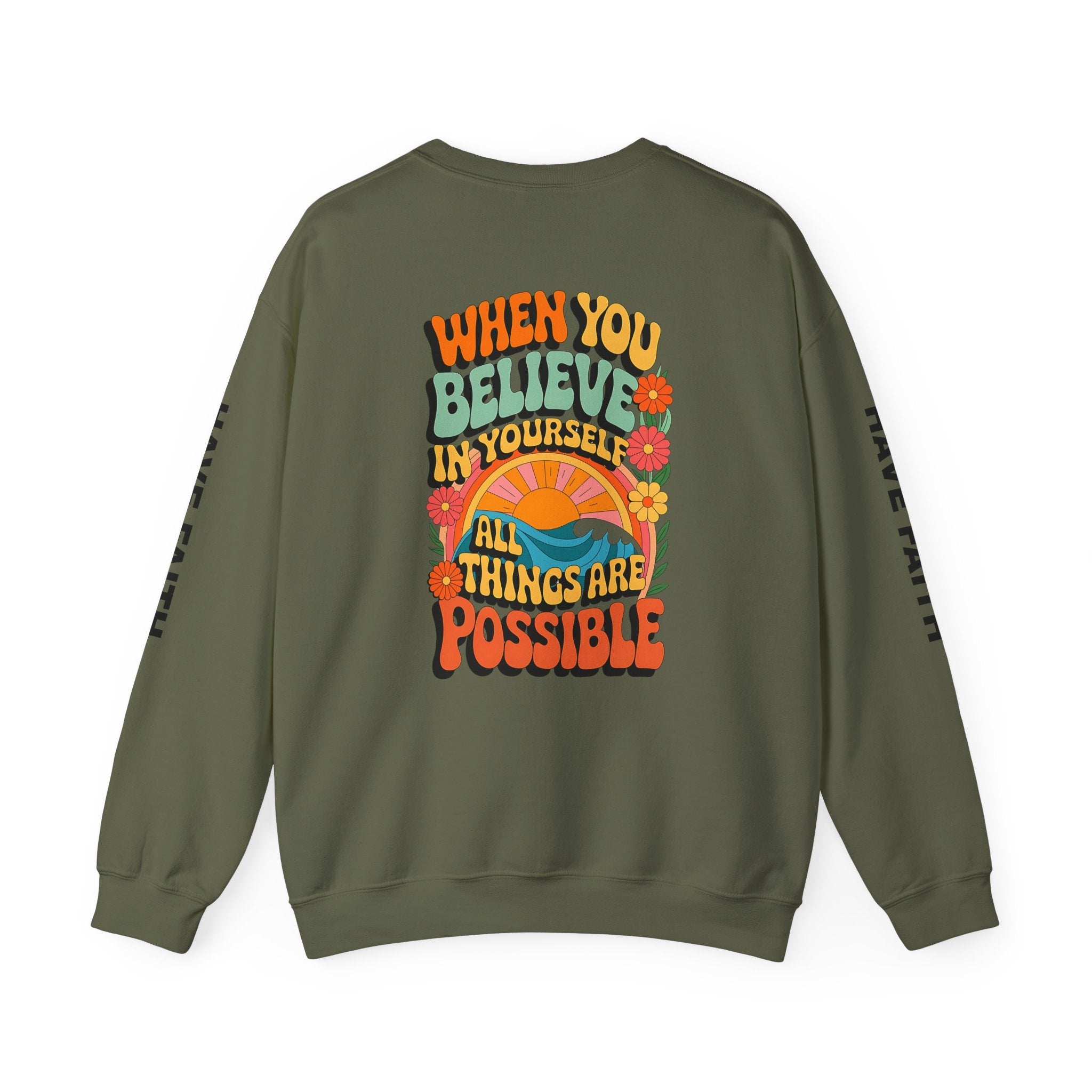 Inspirational Crewneck Sweatshirt - "Believe in Yourself" - Unisex Heavy Blend™ - Angel Body