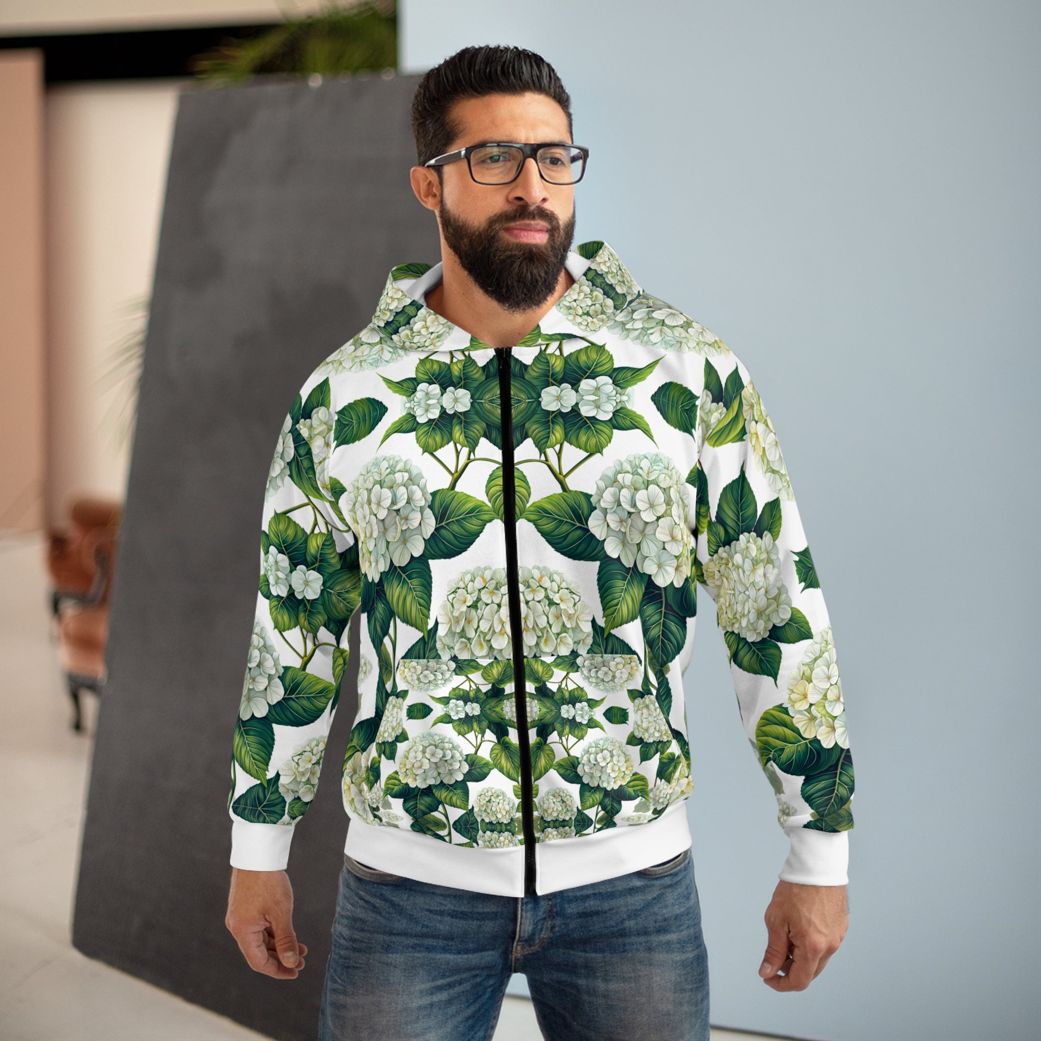 Floral white Hydrangea Unisex Zip Hoodie - Cozy Botanical Style for Nature Lovers - Angel Body