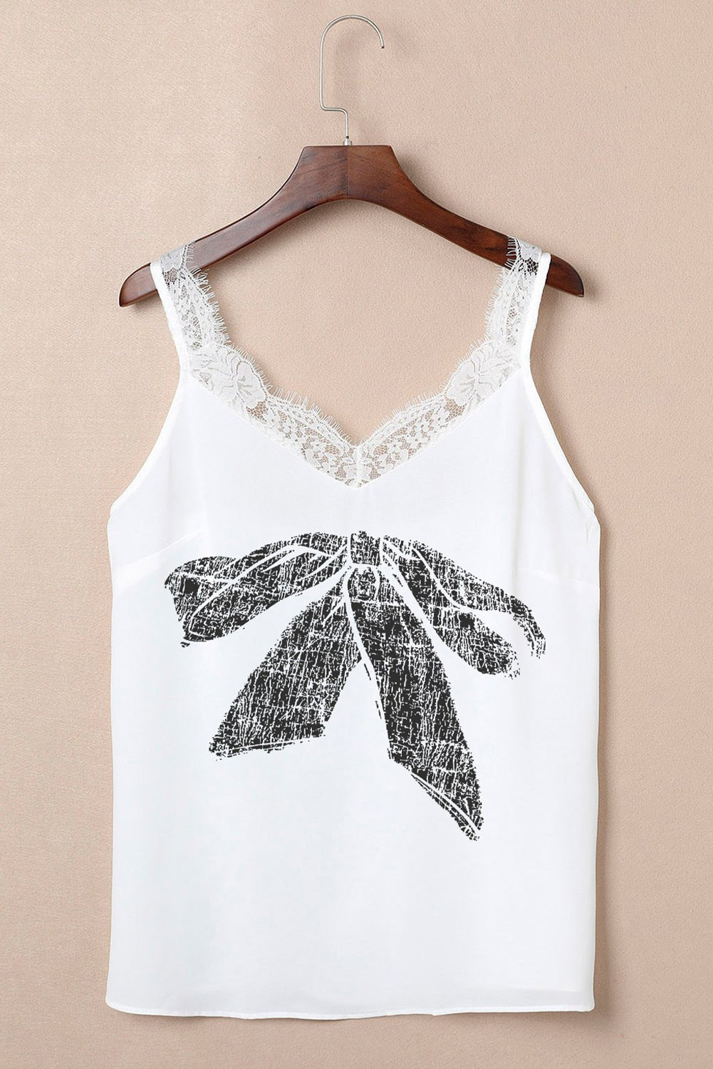 Lace Detail Bow Graphic V - Neck Tank - Angel Body