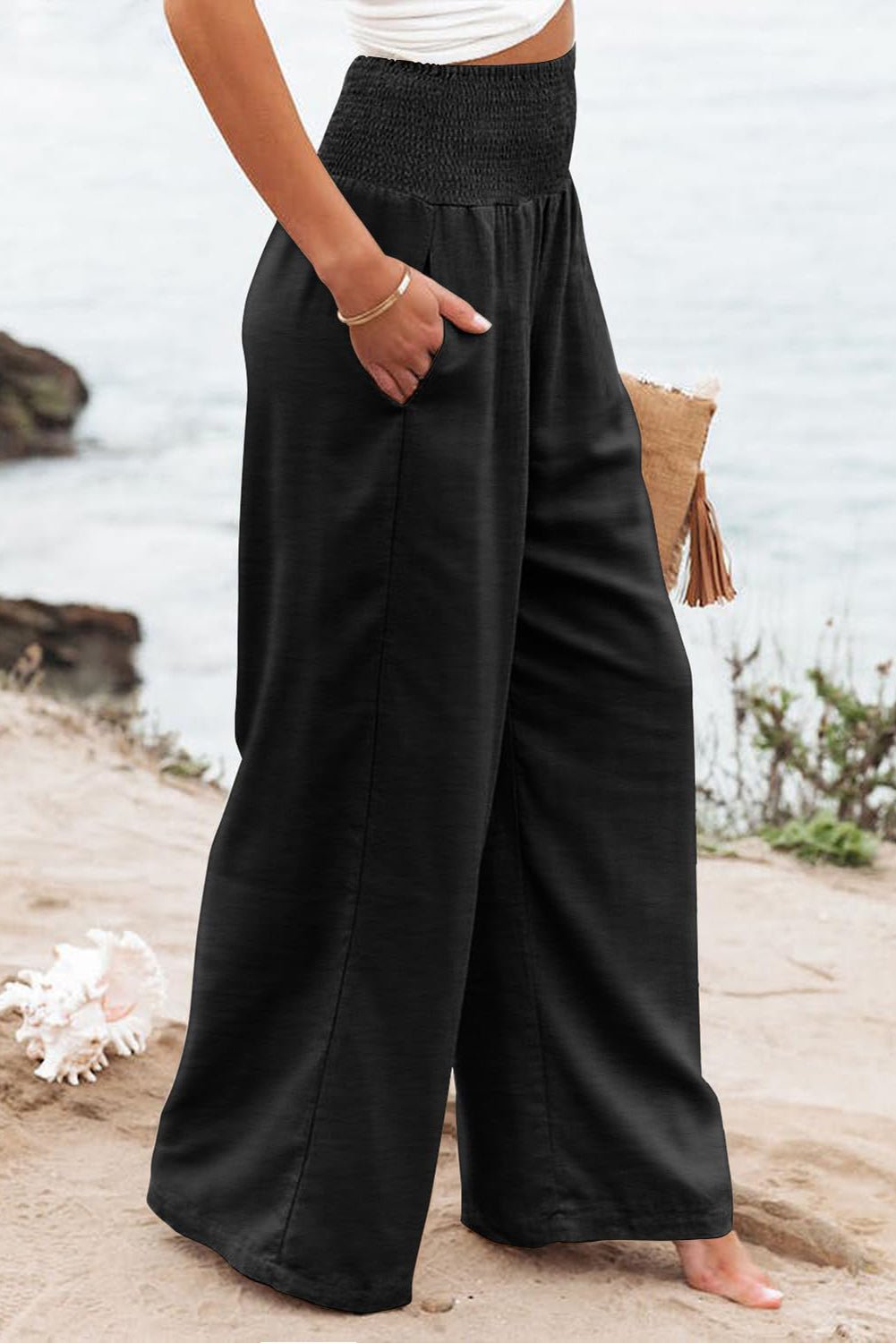 Plus Size Smocked High Waist Wide Leg Pants - Angel Body