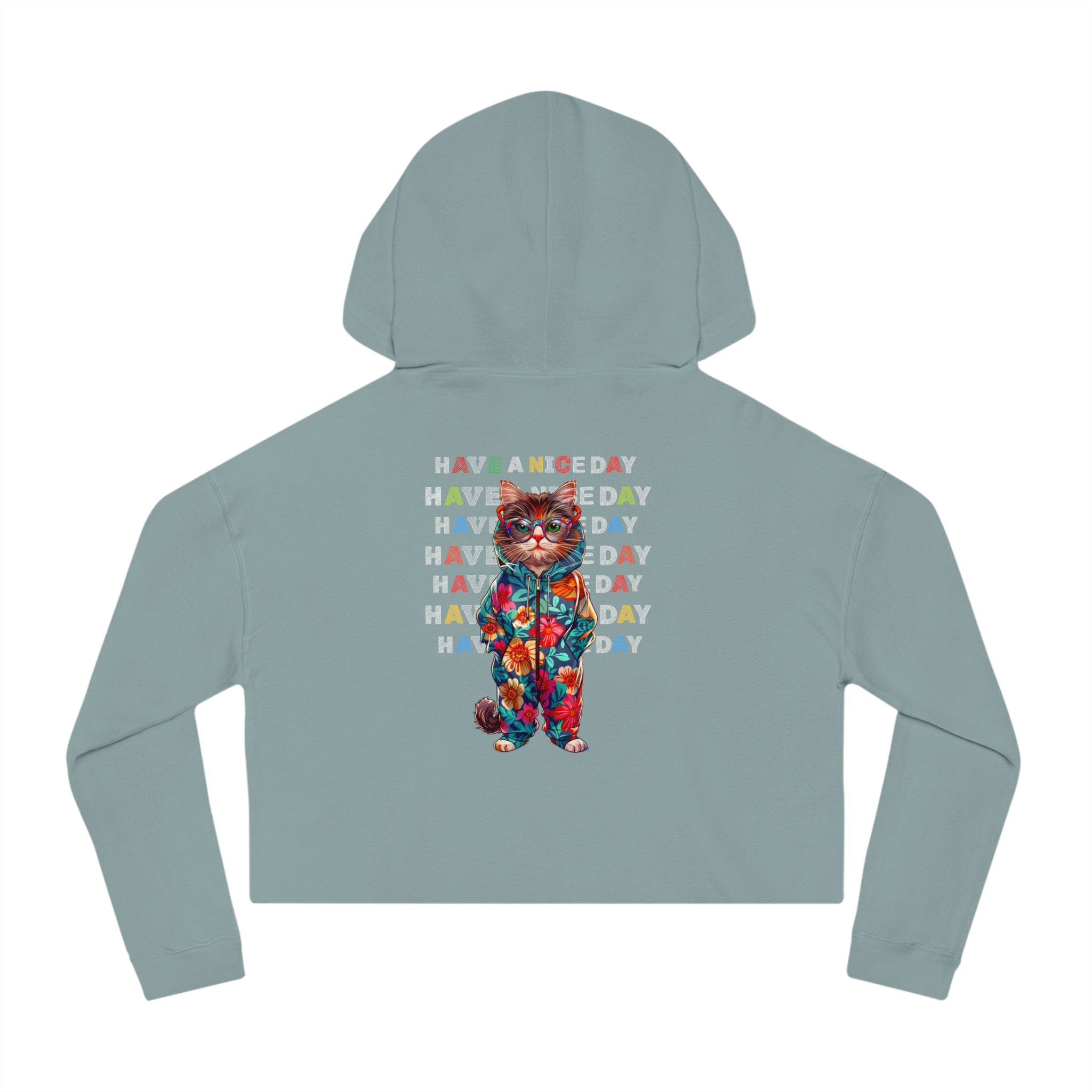 Floral Cat Women’s Cropped Hoodie - 'Have a Nice Day' Tie-Dye Sweatshirt - Angel Body