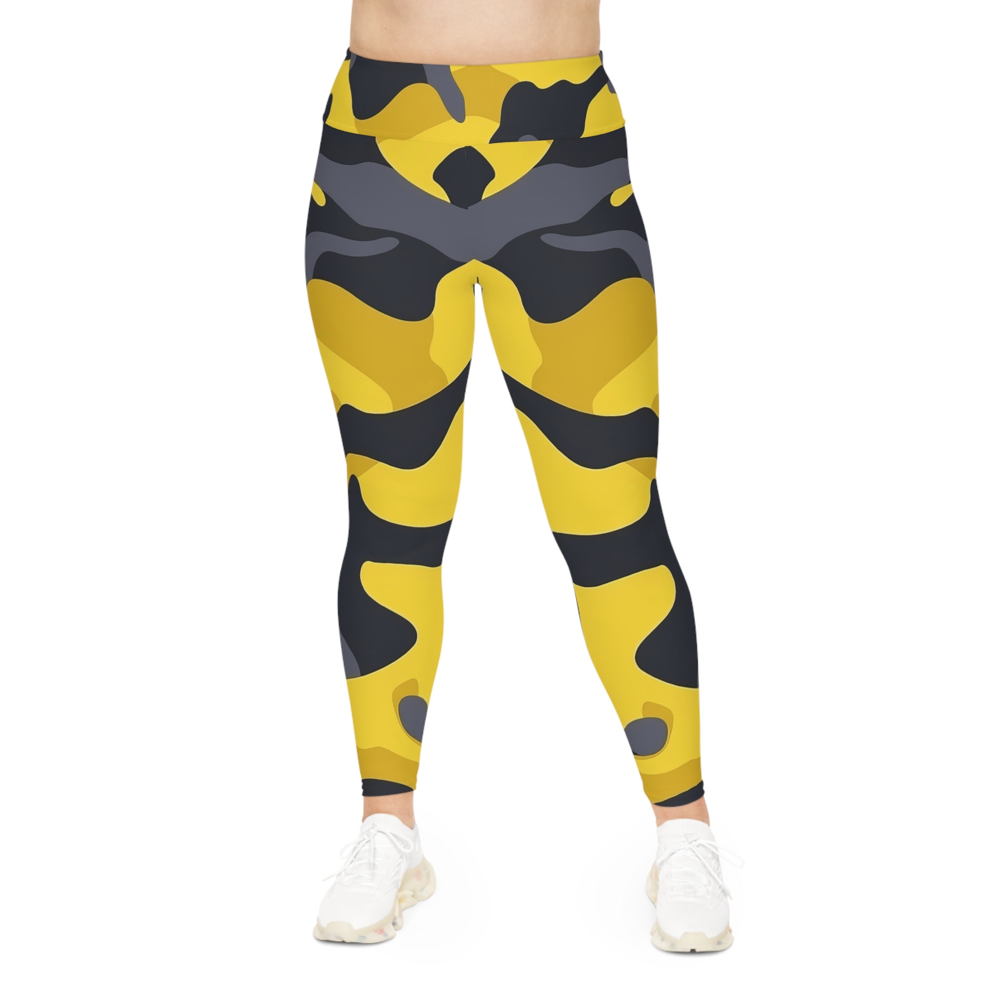 Woman's Bold Yellow Camo Plus Size Leggings - Stylish and Comfortable Activewear - Angel Body