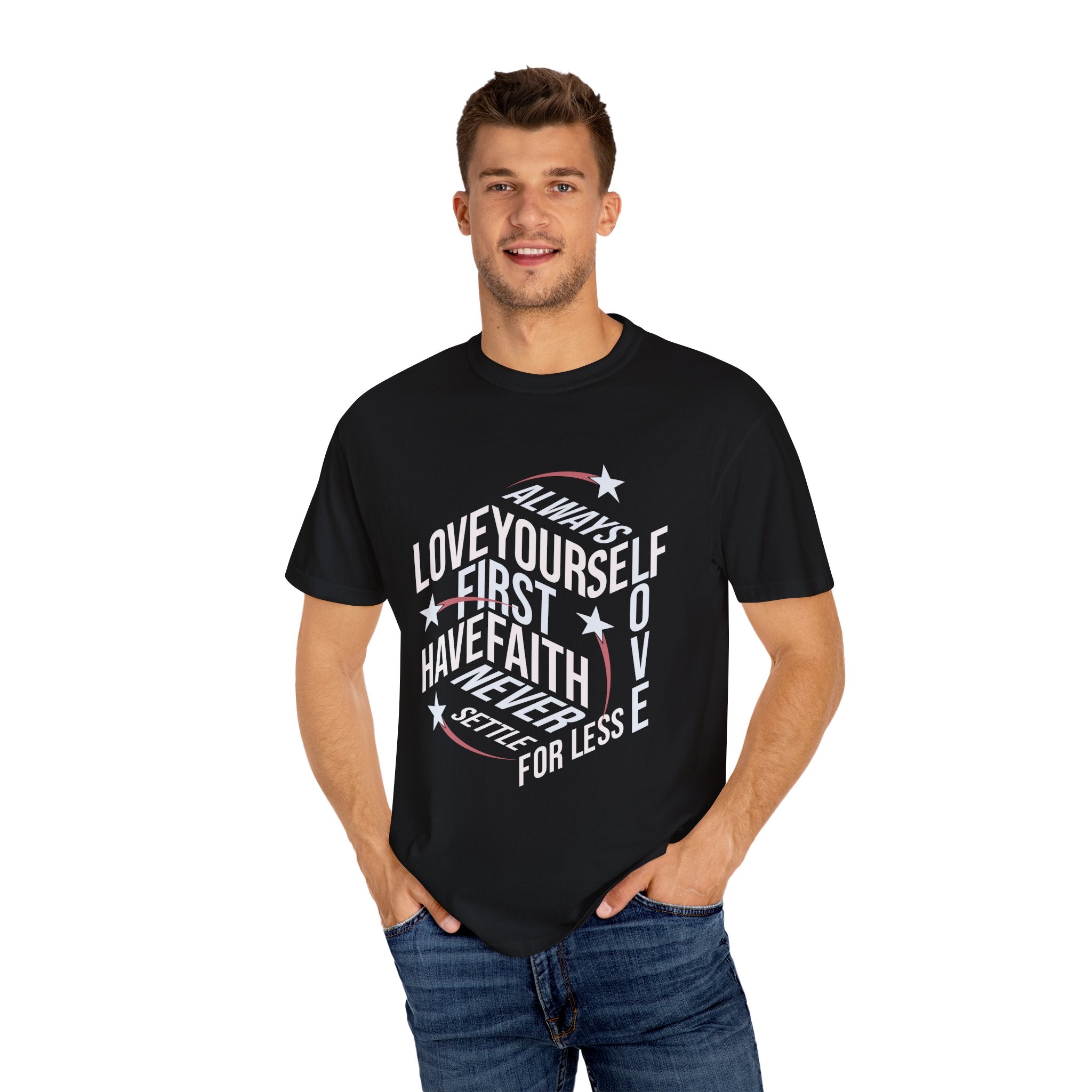 Motivational Unisex Garment-Dyed T-Shirt - "Love Yourself First" - Angel Body